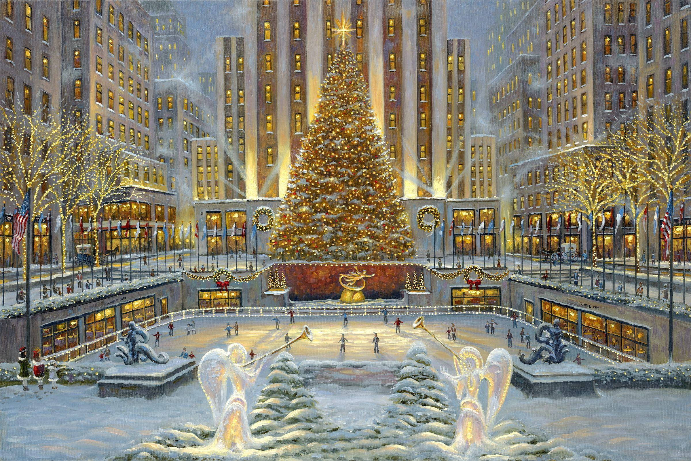 Rockefeller Center, Christmas tree, ice rink, Full HD Desktop Wallpaper