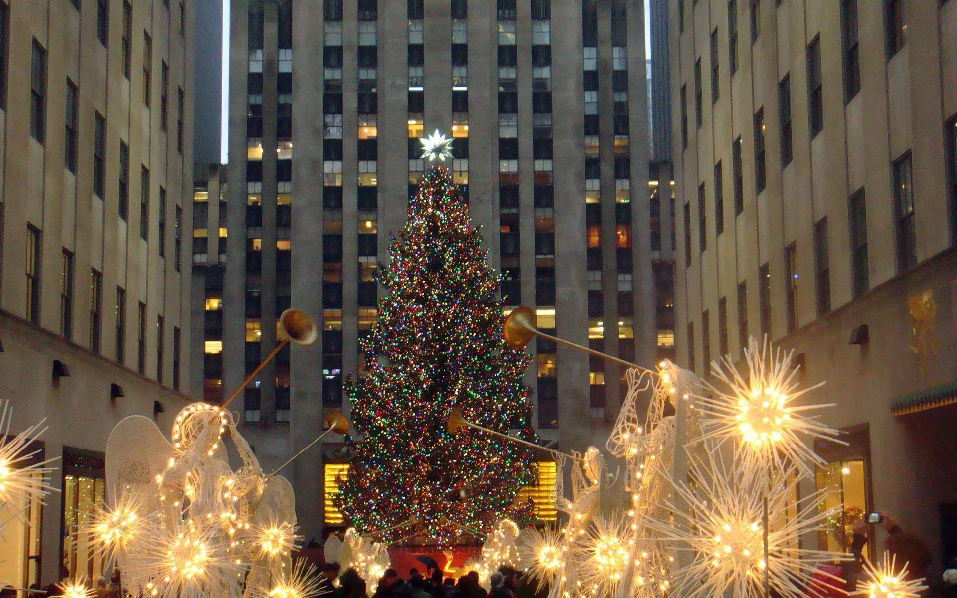 Rockefeller Center, Christmas tree, lights, Full HD Desktop Wallpaper