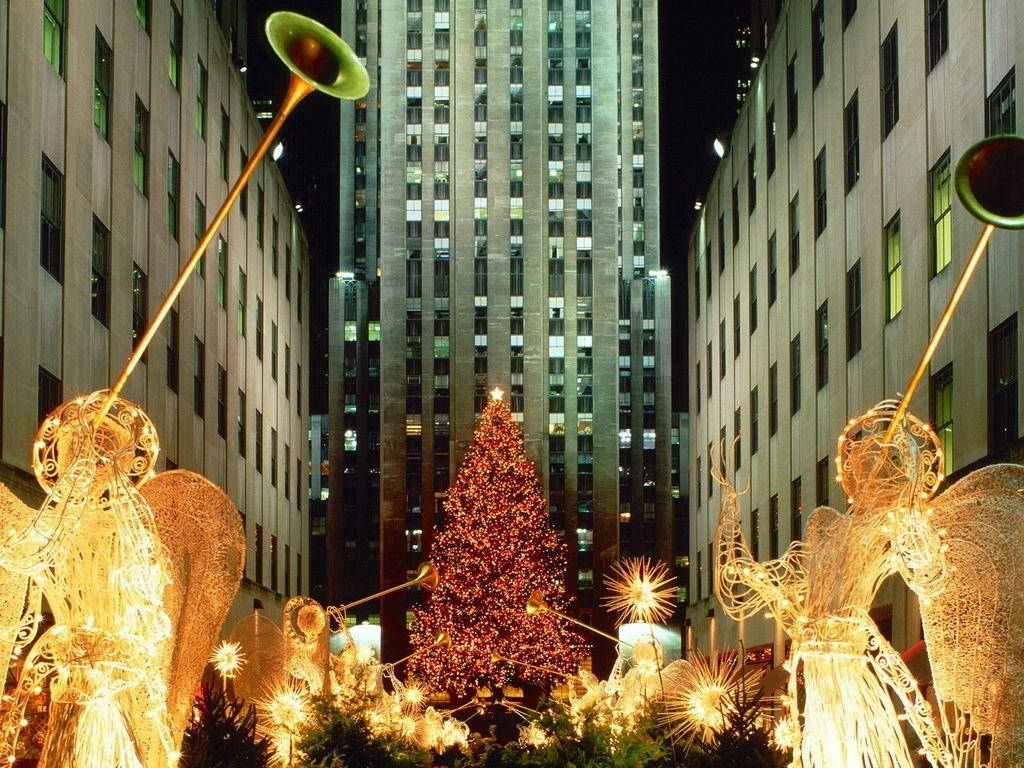 Rockefeller Center, red Christmas tree, glowing wireframe angel sculptures, SD Desktop Wallpaper