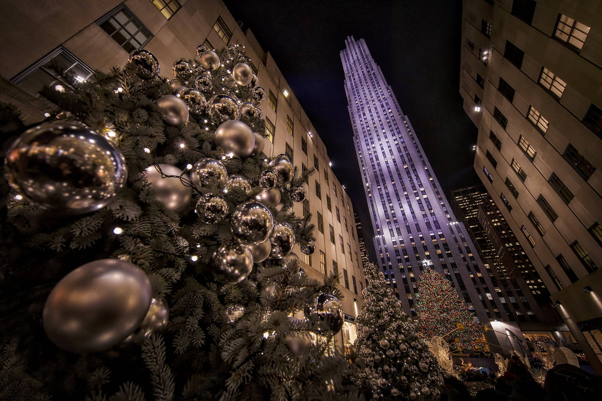 Rockefeller Center, Christmas tree, silver ornaments, Full HD Desktop Wallpaper