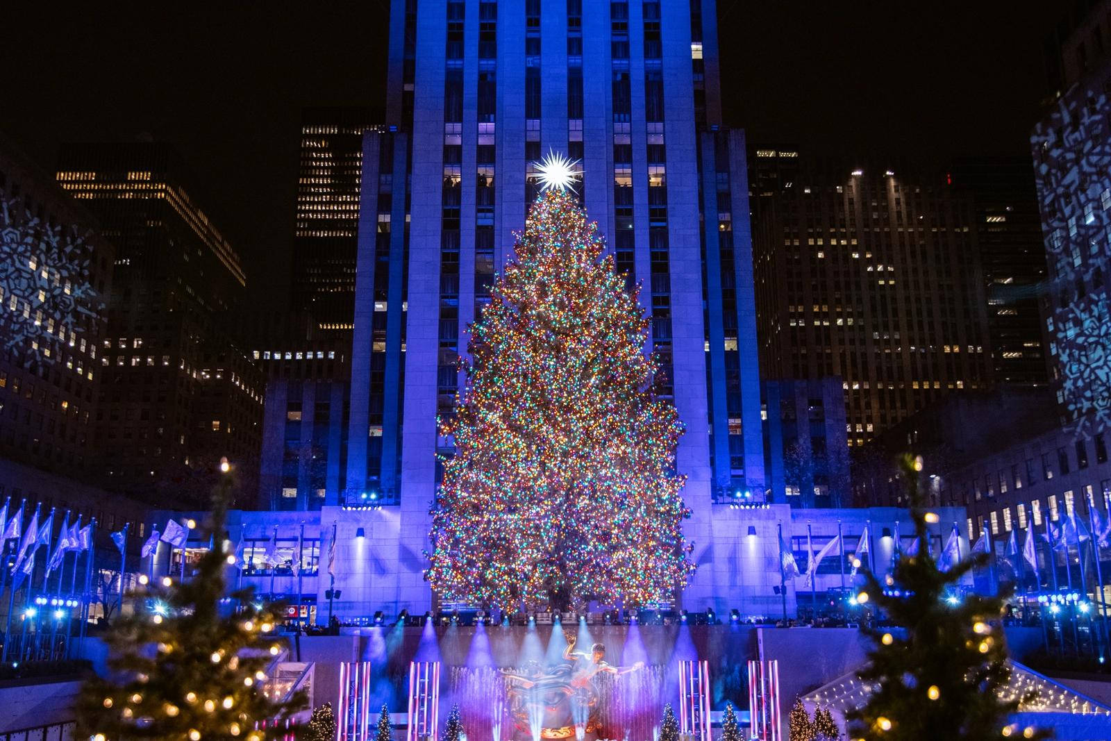 Rockefeller Center, blue lights, Christmas tree, HD Desktop Wallpaper