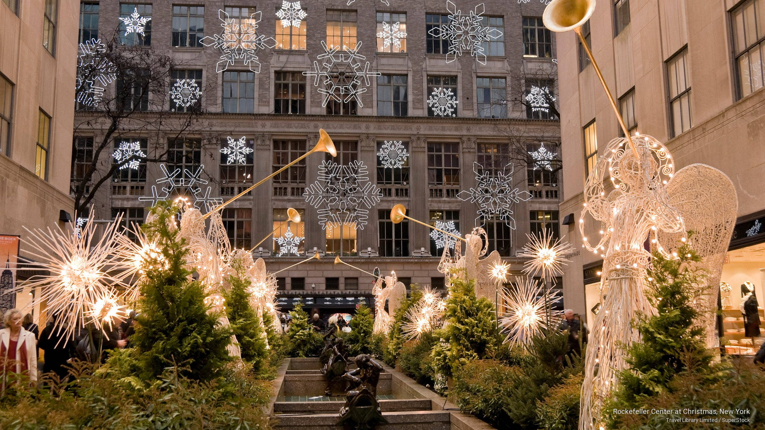 Rockefeller Center, Christmas Ornaments, glowing angel sculptures, 2K Desktop Wallpaper