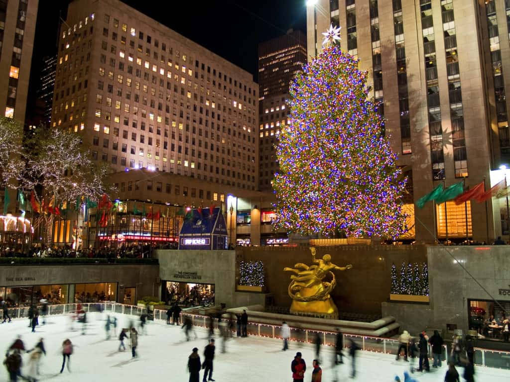 Rockefeller Center, Christmas tree, bustling city square, SD Desktop Wallpaper