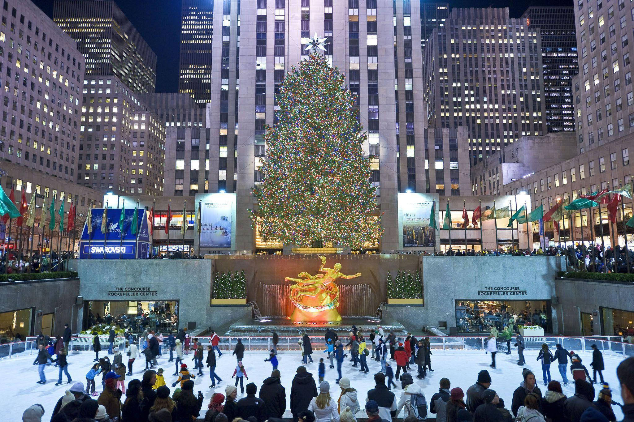 Rockefeller Center, Christmas tree, ice rink, Full HD Desktop Wallpaper