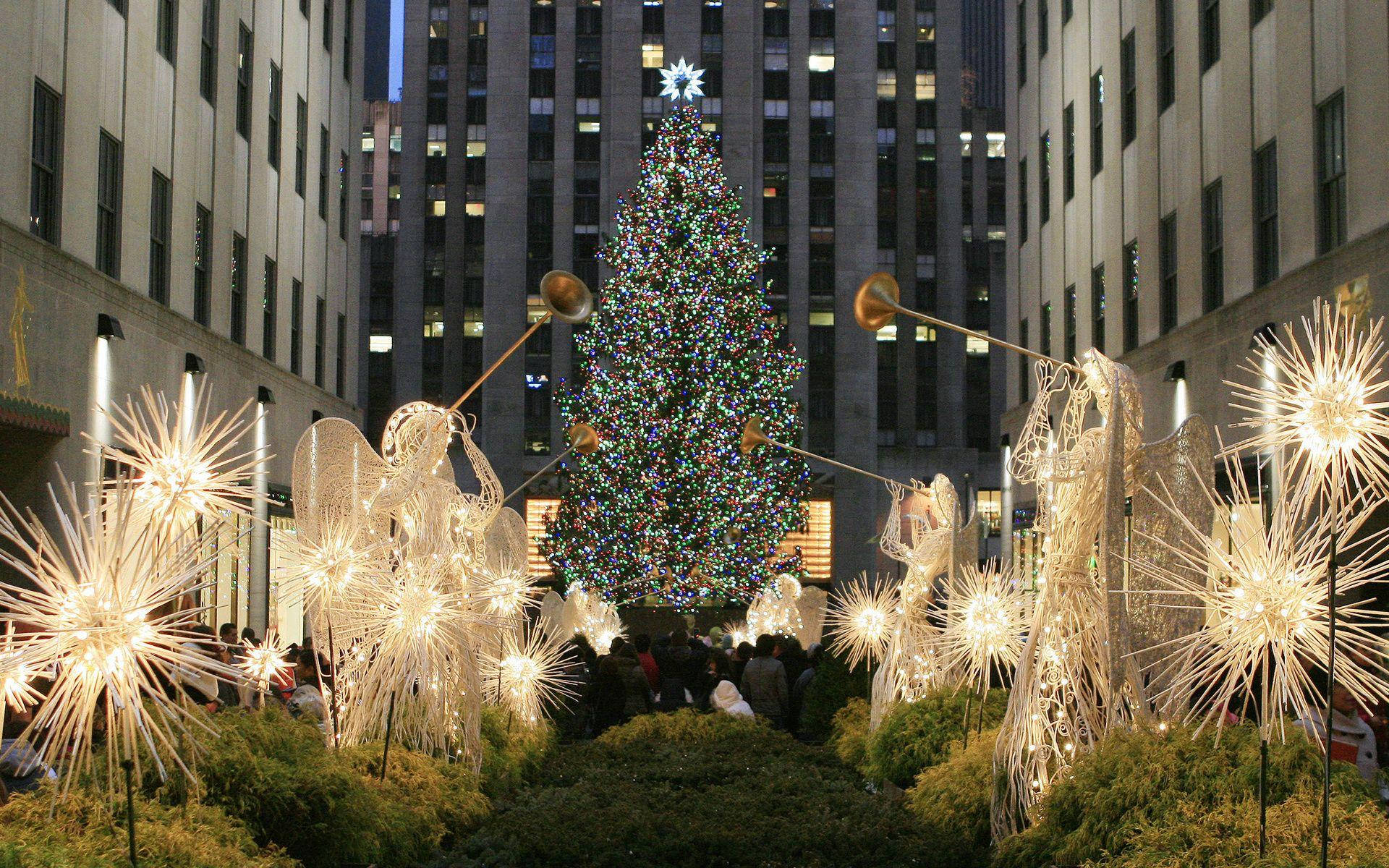 Rockefeller Center, Christmas tree, twinkling lights, Full HD Desktop Wallpaper