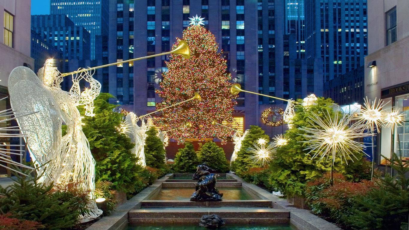 Rockefeller Center, Christmas tree, angel sculptures, HD Desktop Wallpaper