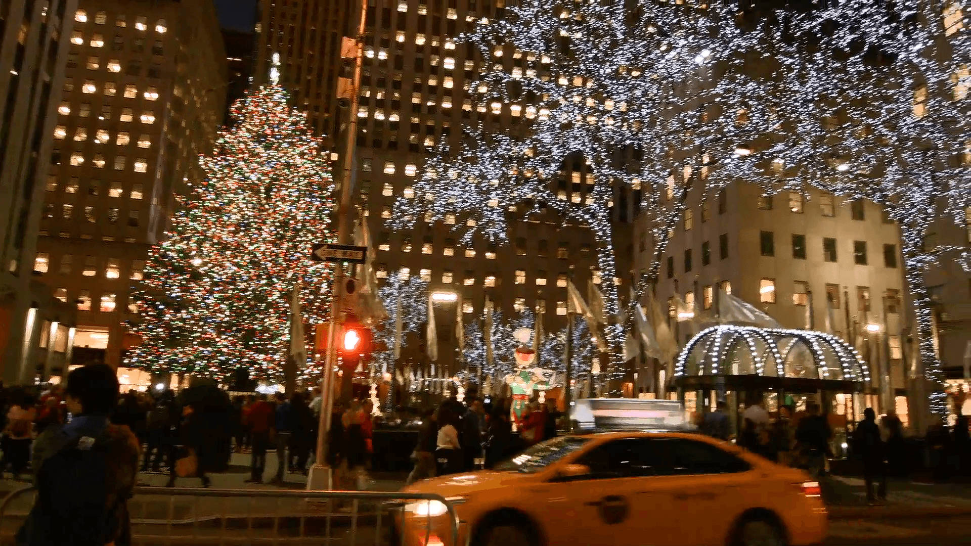 Rockefeller Center, Christmas tree, New York City street, Full HD Desktop Wallpaper