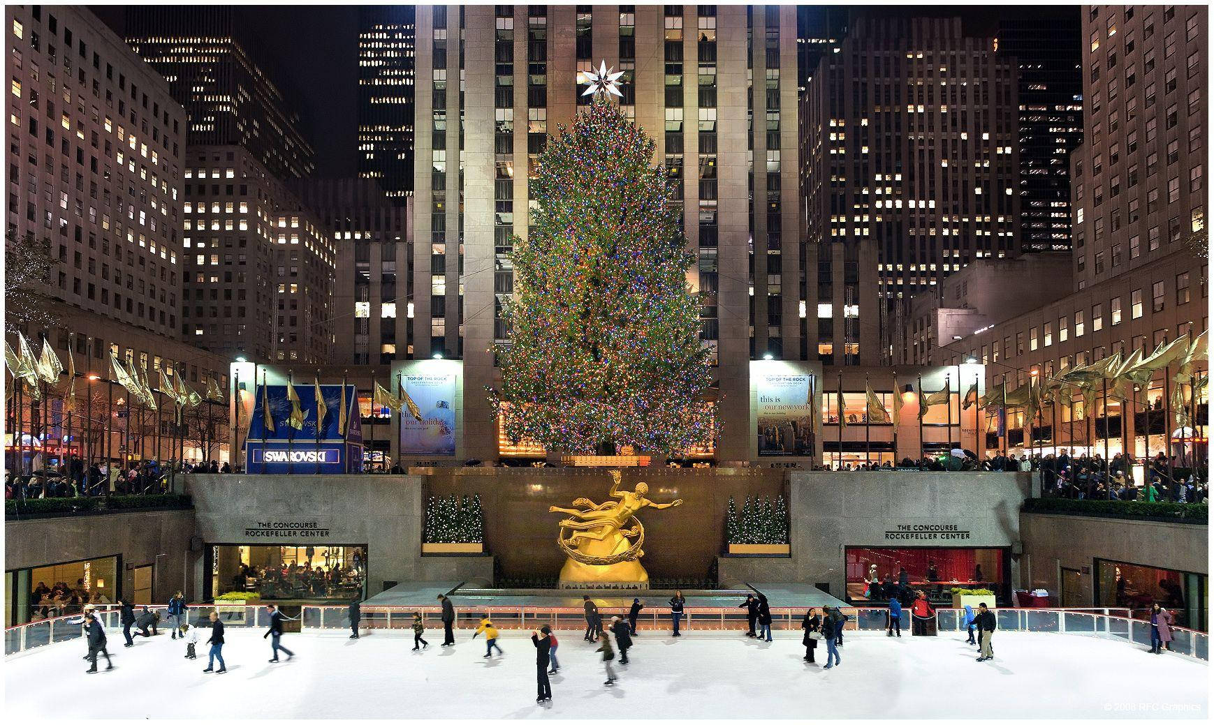 Rockefeller Center, Christmas tree, city lights, HD Desktop Wallpaper