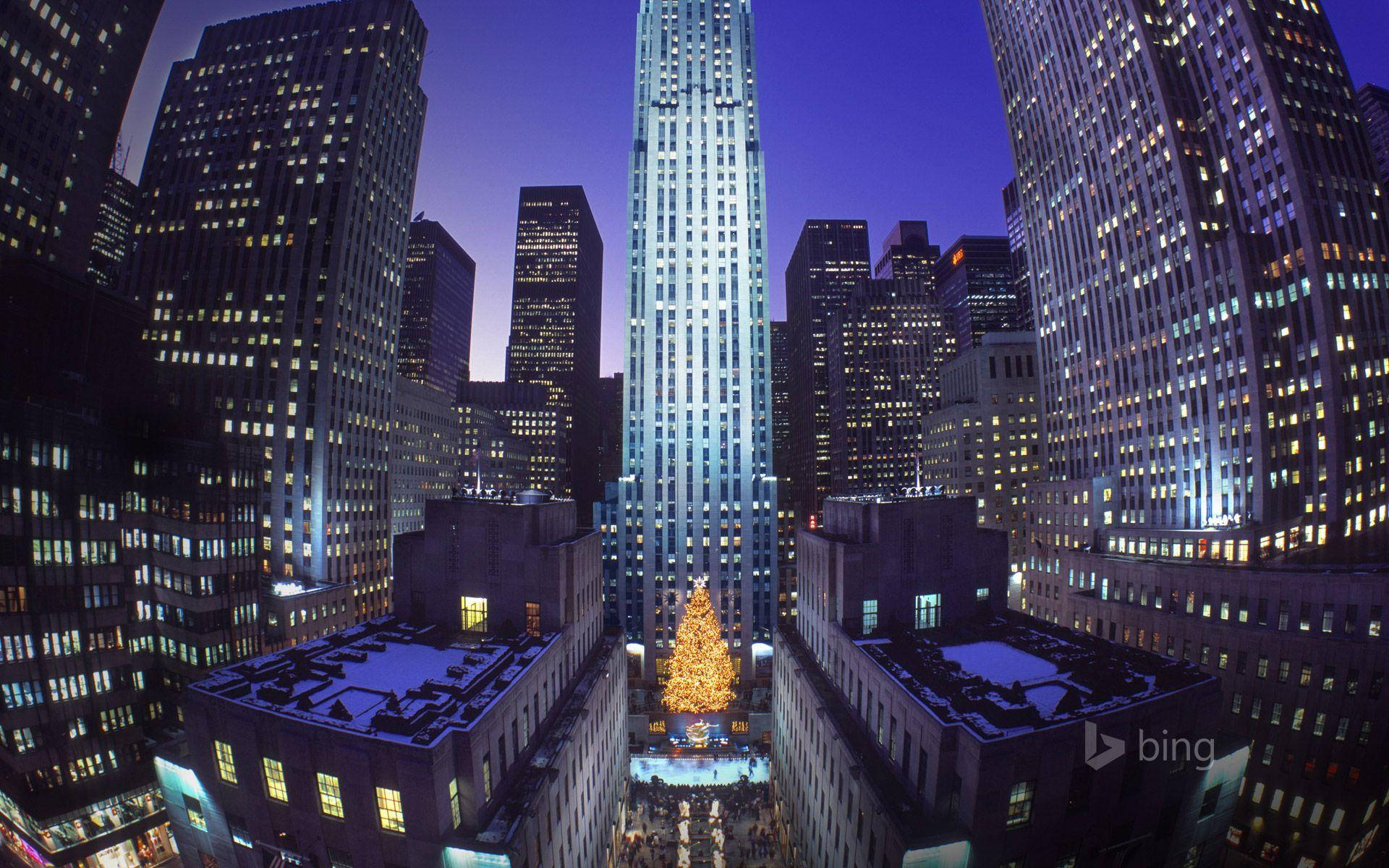 Rockefeller Center, dusk, glowing Christmas tree, Full HD Desktop Wallpaper