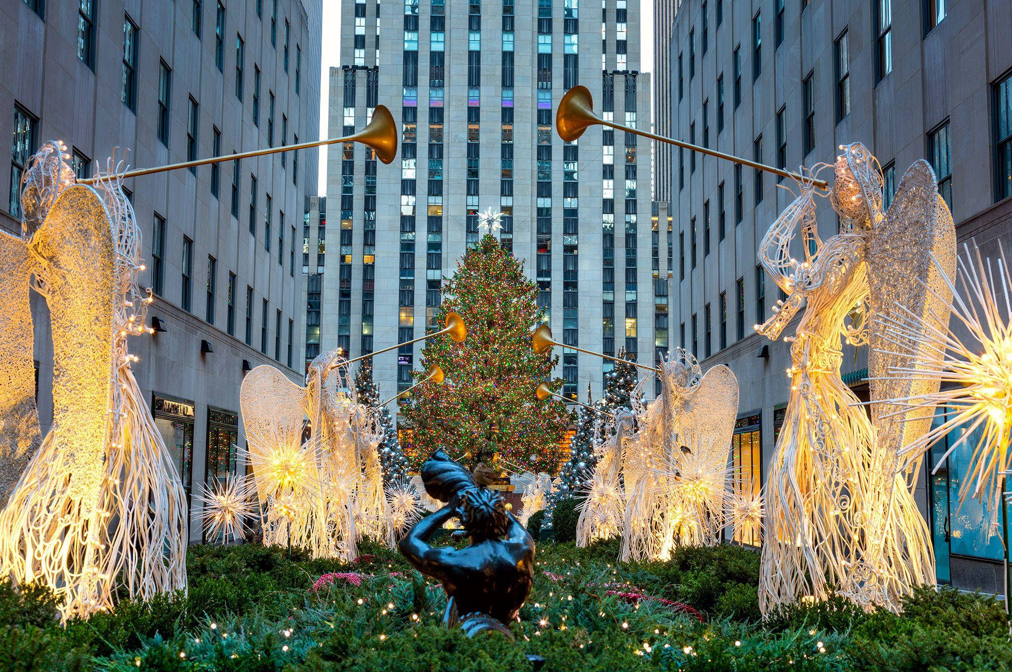 Rockefeller Center, angels, glowing wings, Full HD Desktop Wallpaper