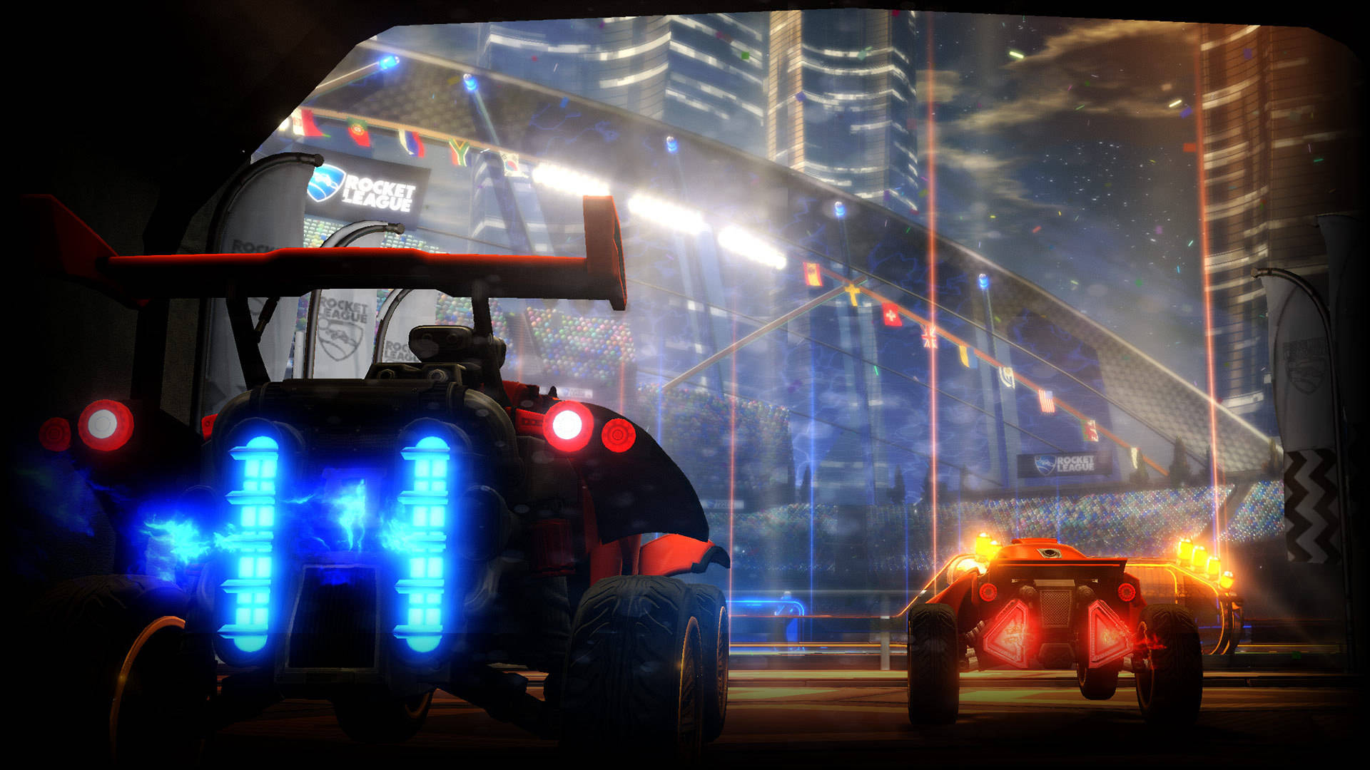 Rocket League, neon-lit urban track, night, Full HD Desktop Wallpaper