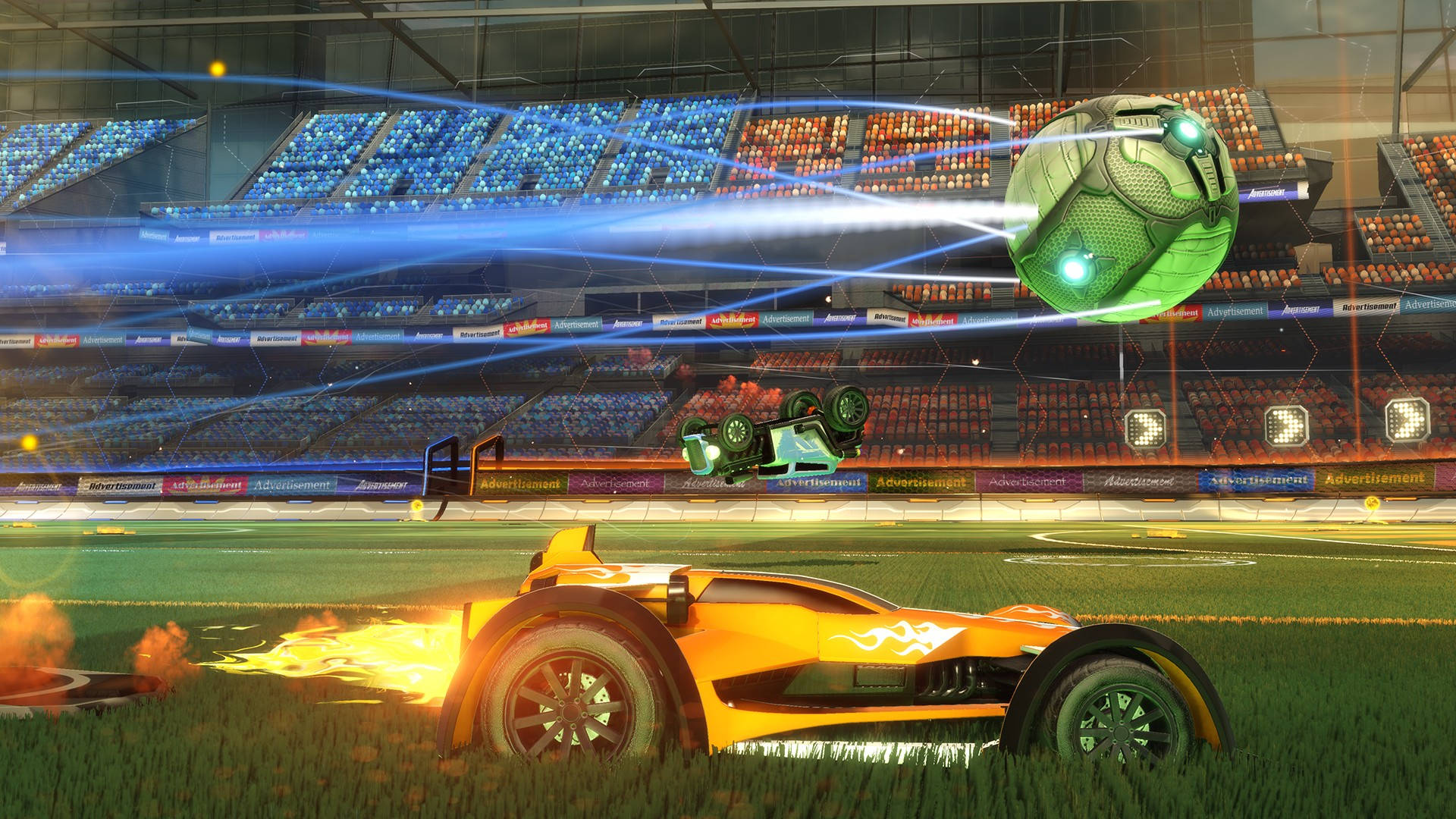 Rocket League, yellow car, green car, Full HD Desktop Wallpaper