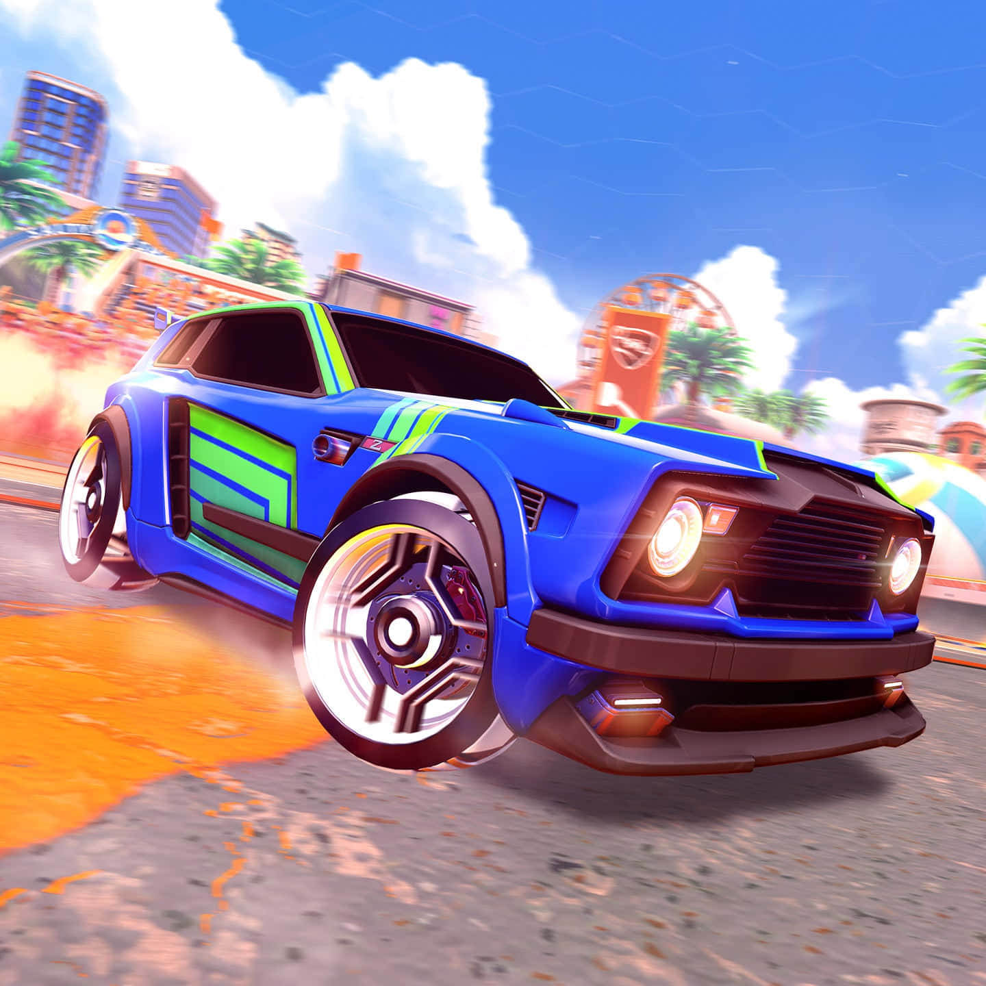 Rocket League, blue and green race car, sunny urban track, HD Desktop Wallpaper
