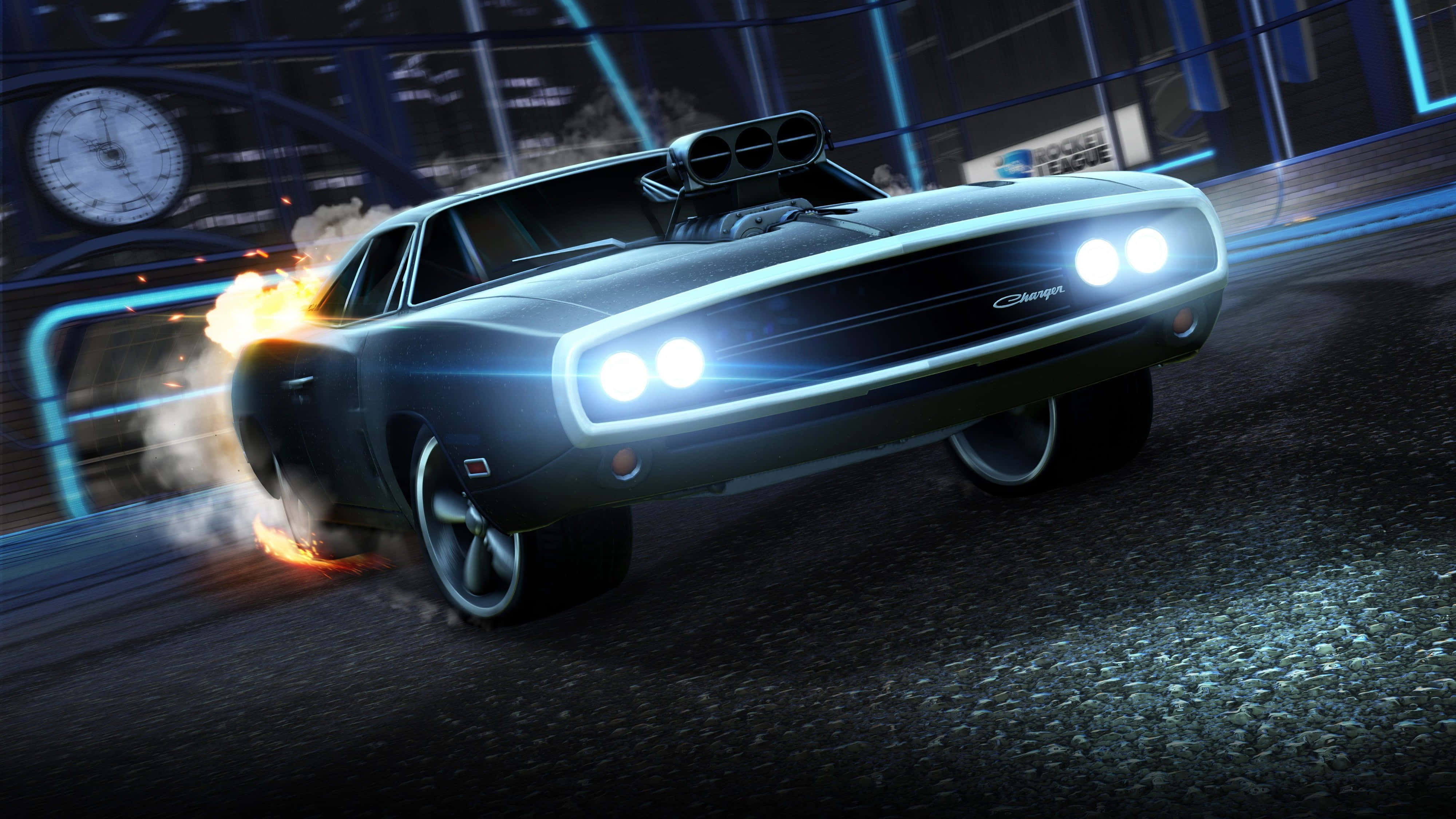 Rocket League, black muscle car, glowing headlights, 4K Desktop Wallpaper