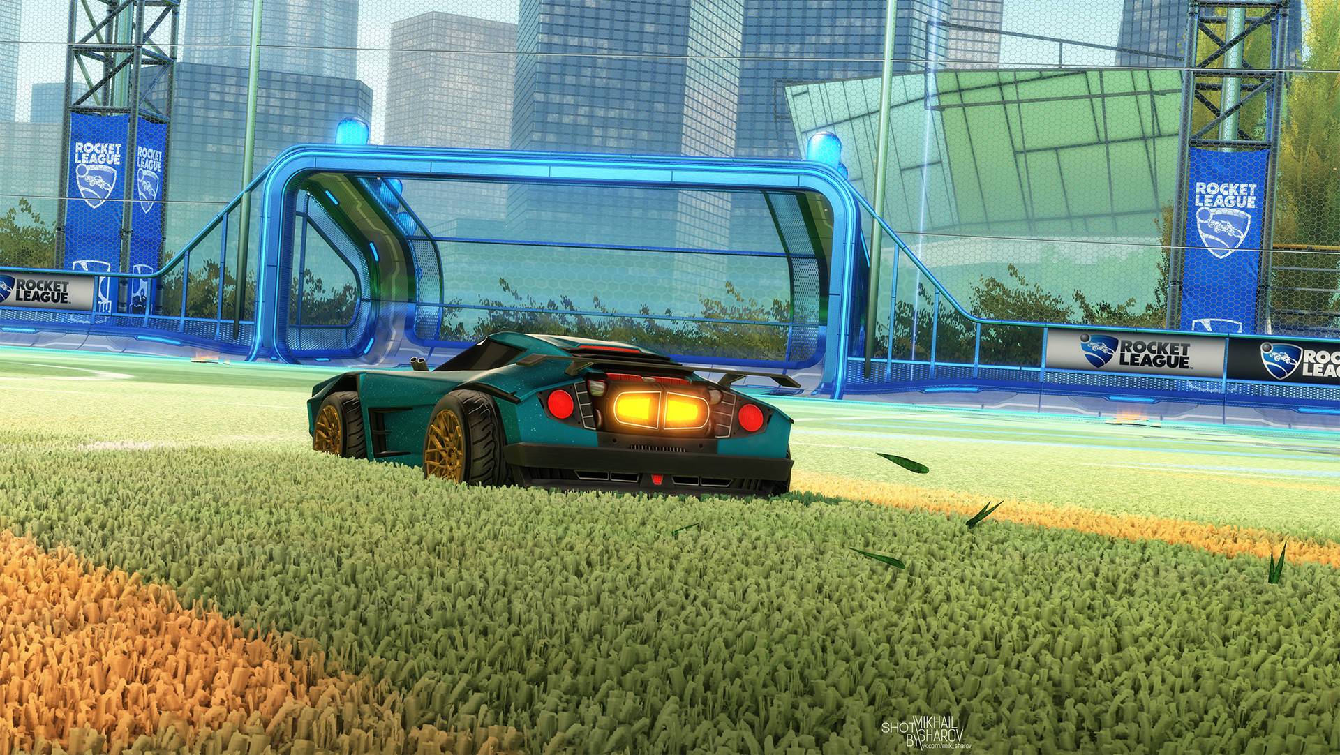Rocket League, teal rocket-powered car, glowing orange taillights, Full HD Desktop Wallpaper