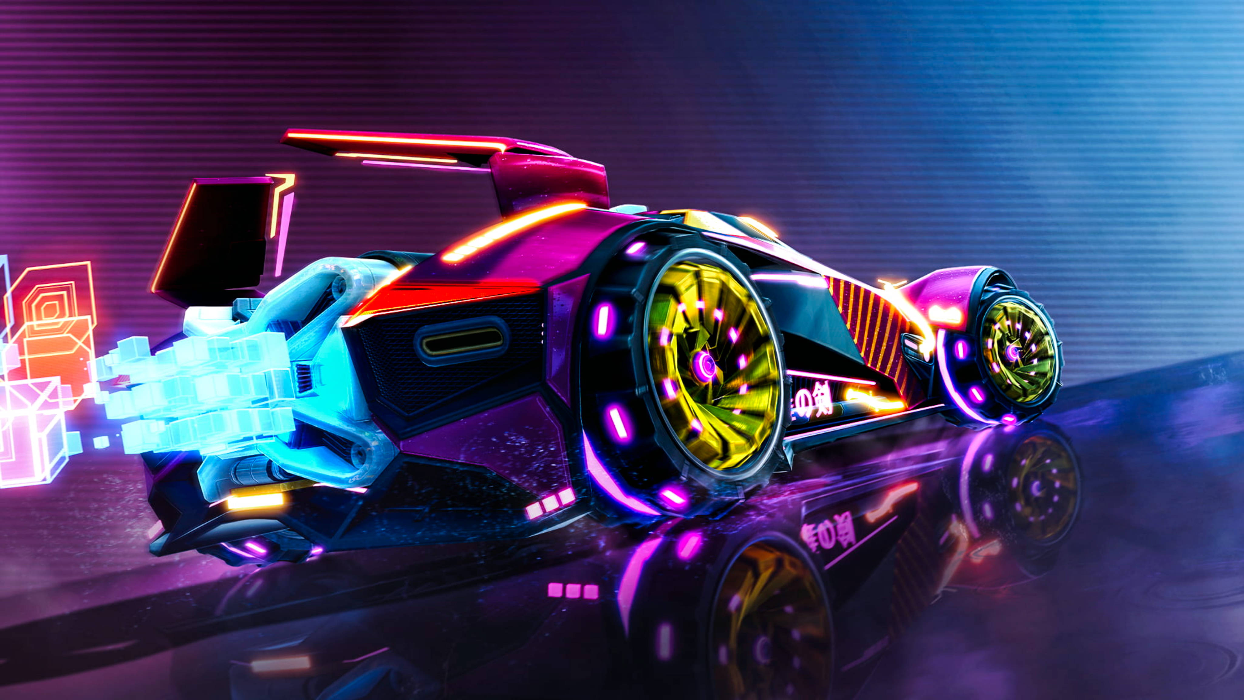 Rocket League, neon lights, glowing wheels, 4K Desktop Wallpaper