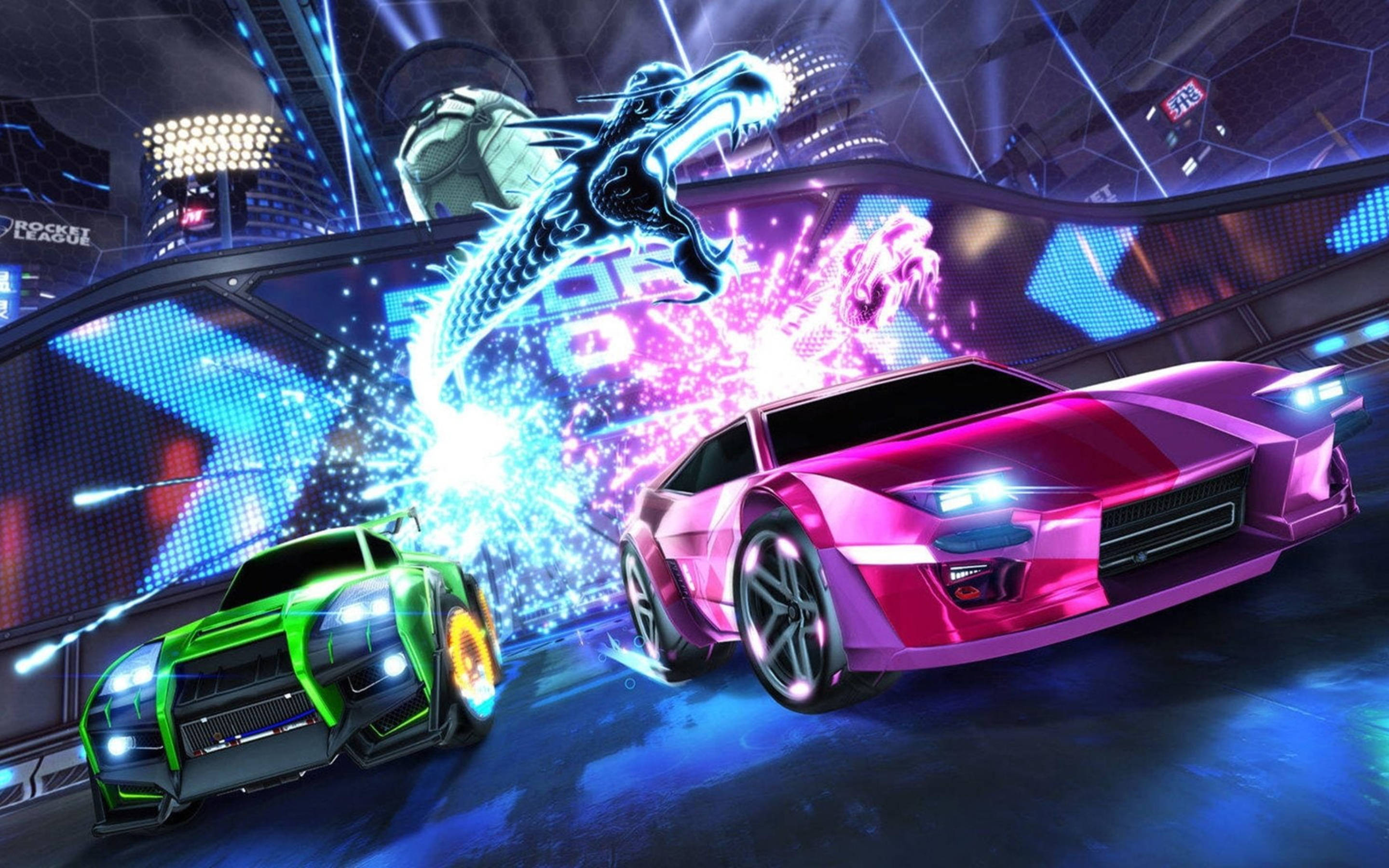 Rocket League 2K, neon sports cars, futuristic arena, 2K Desktop Wallpaper