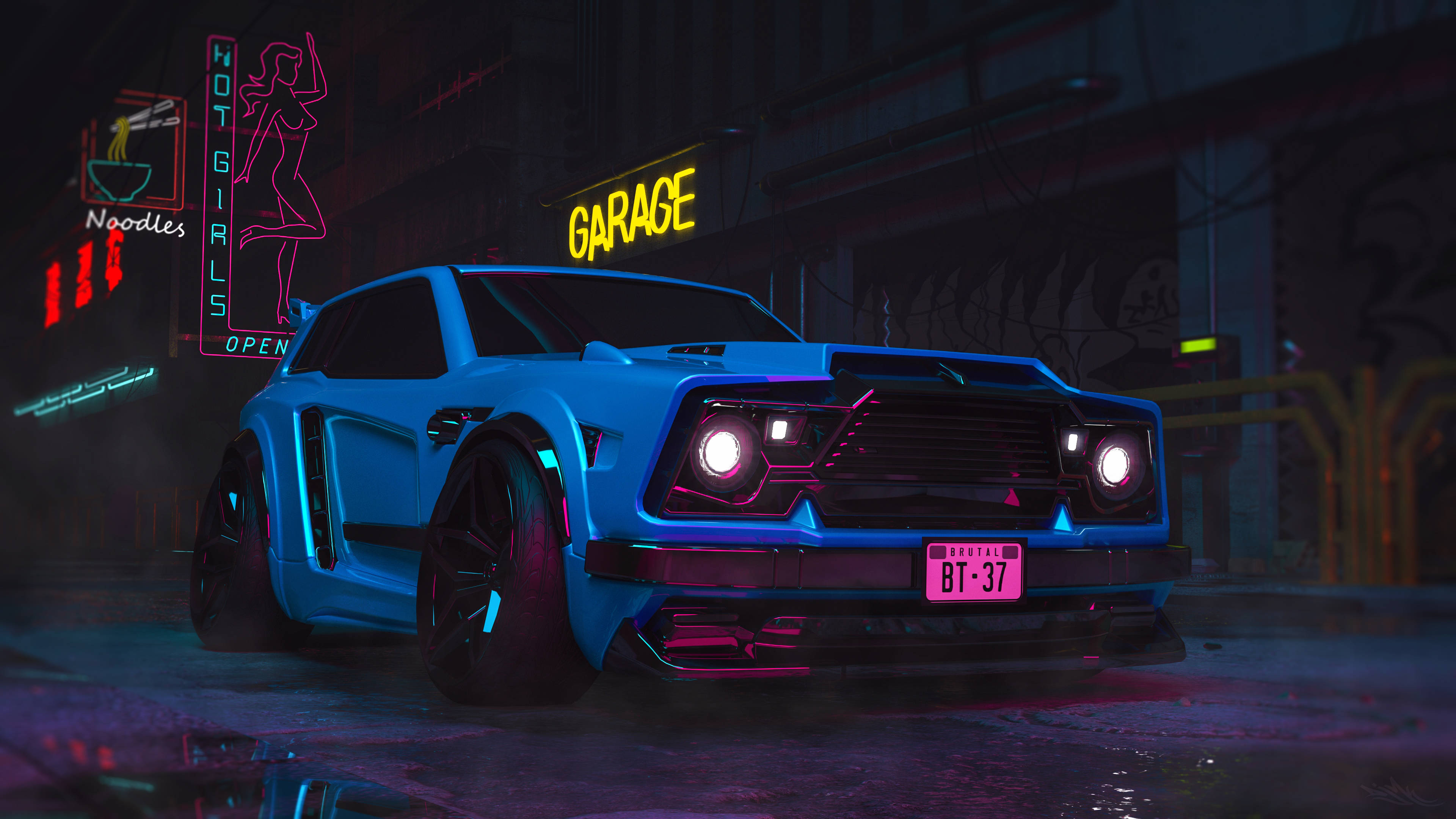 Rocket League, cyberpunk car, neon signs, 4K Desktop Wallpaper