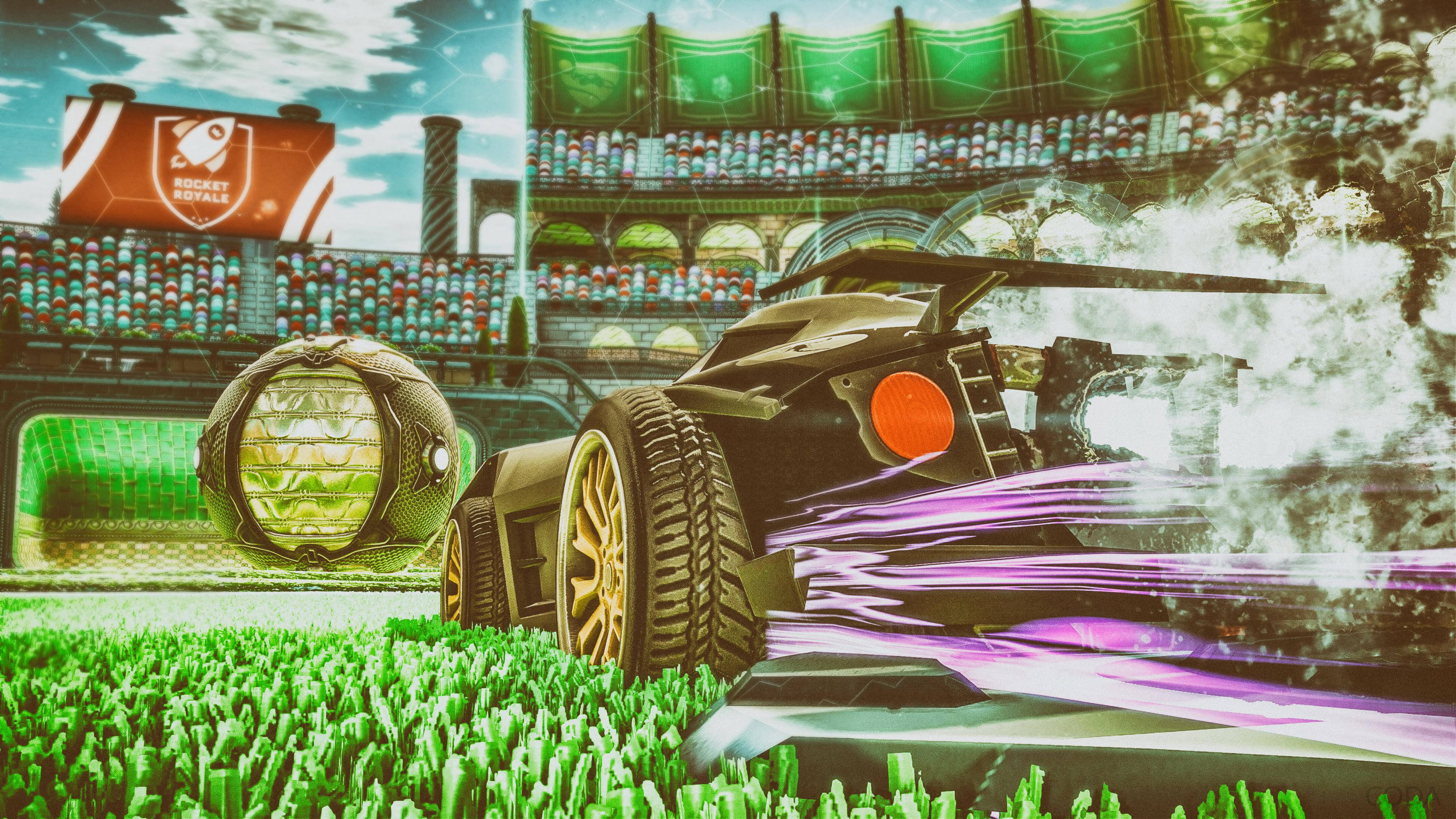 Rocket League, futuristic black race car, glowing purple trails, 4K Desktop Wallpaper