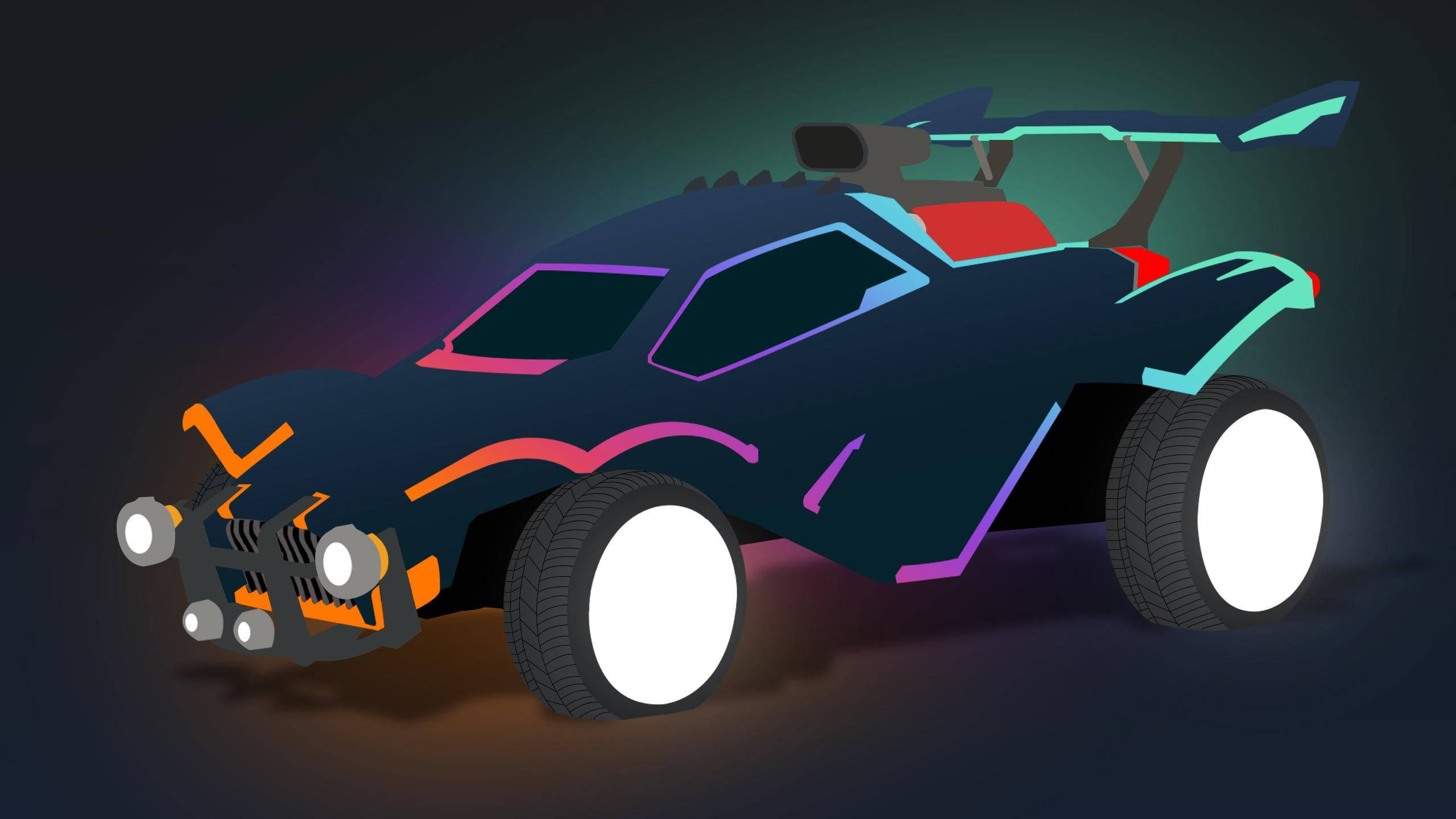 Rocket League, sleek black futuristic race car, glowing neon purple pink and teal accents, 2K Desktop Wallpaper