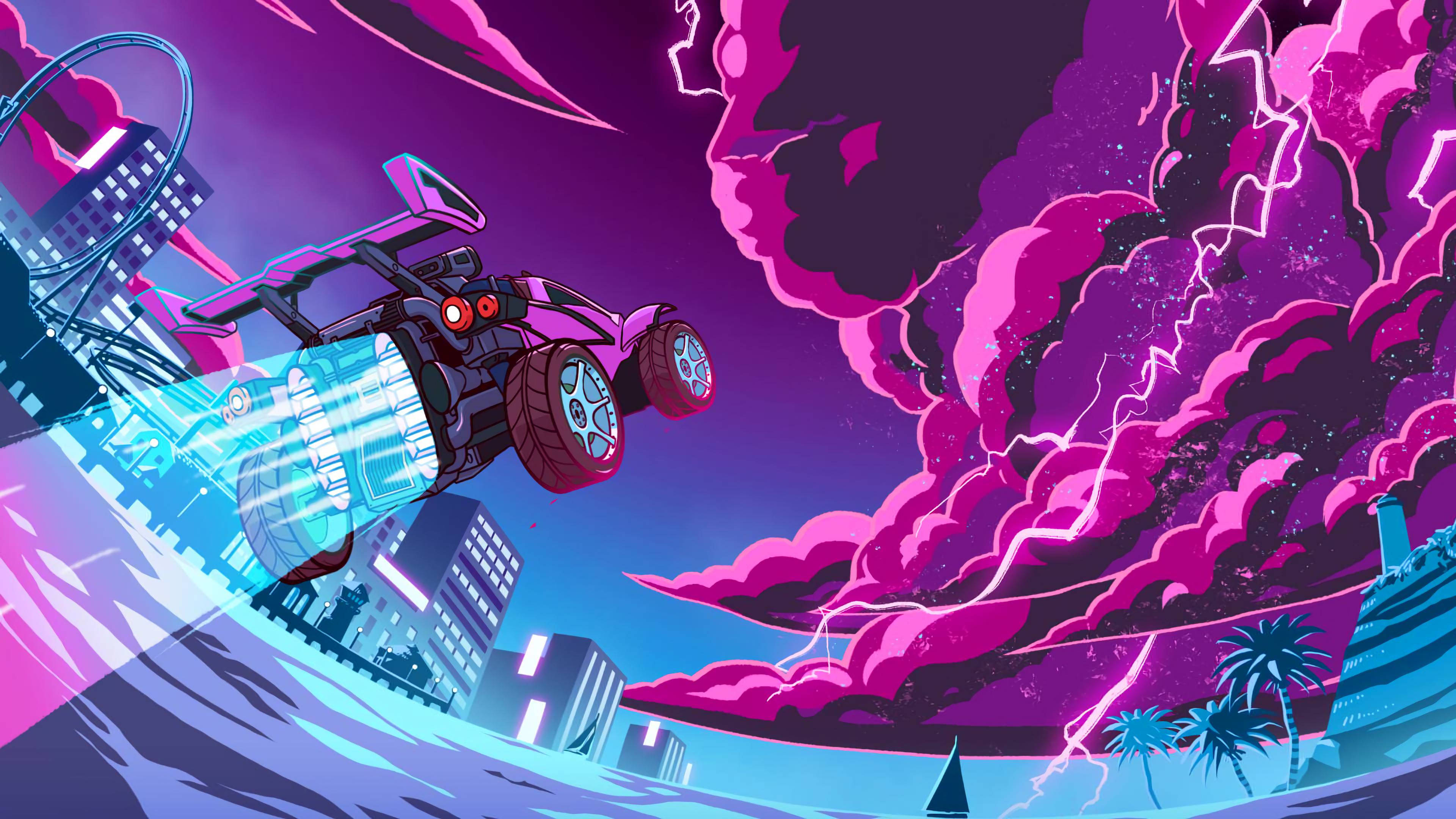 Rocket League, glowing blue thrusters, neon-drenched cityscape, 4K Desktop Wallpaper