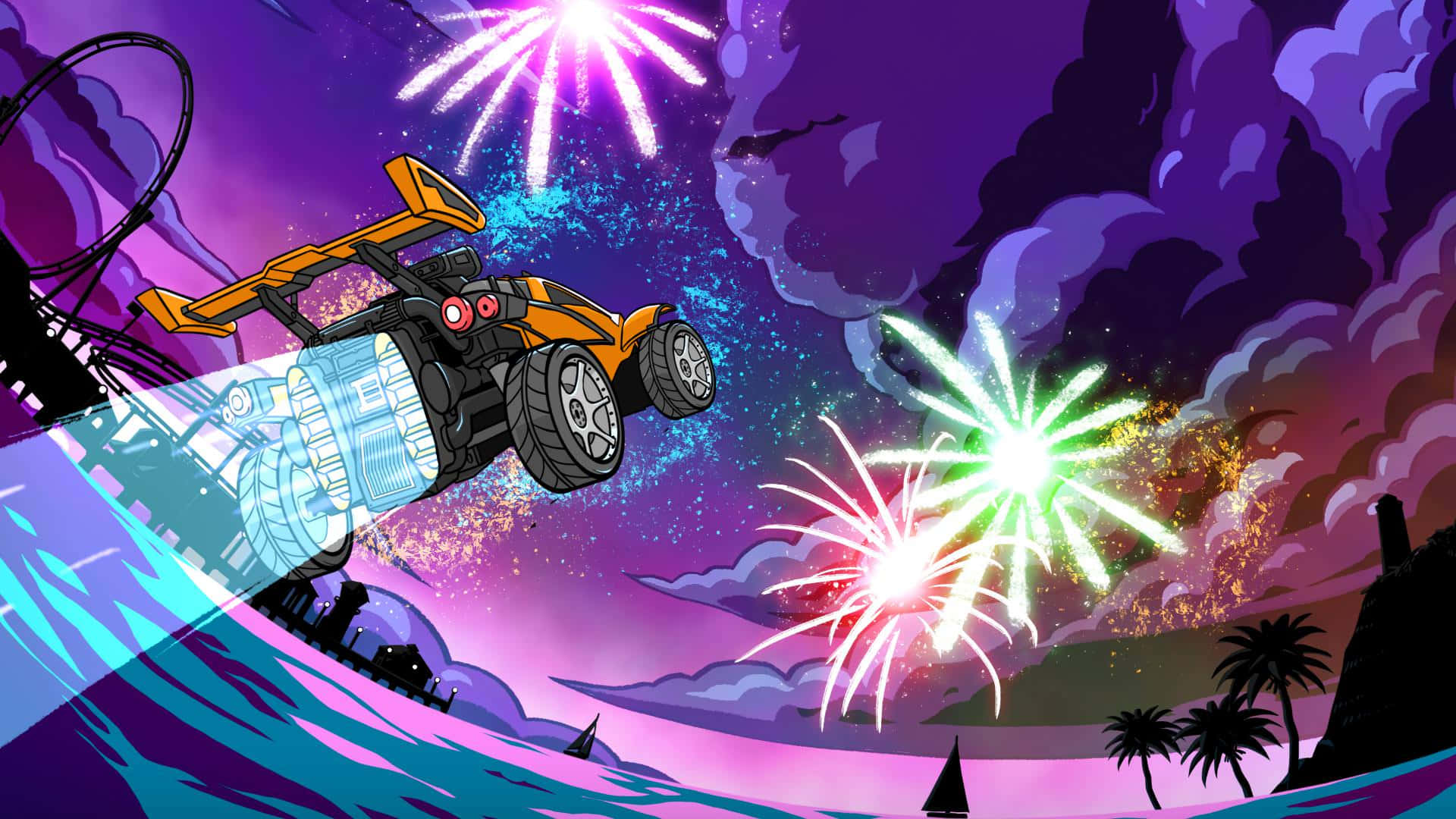 Rocket League, futuristic orange race car, glowing engines, Full HD Desktop Wallpaper