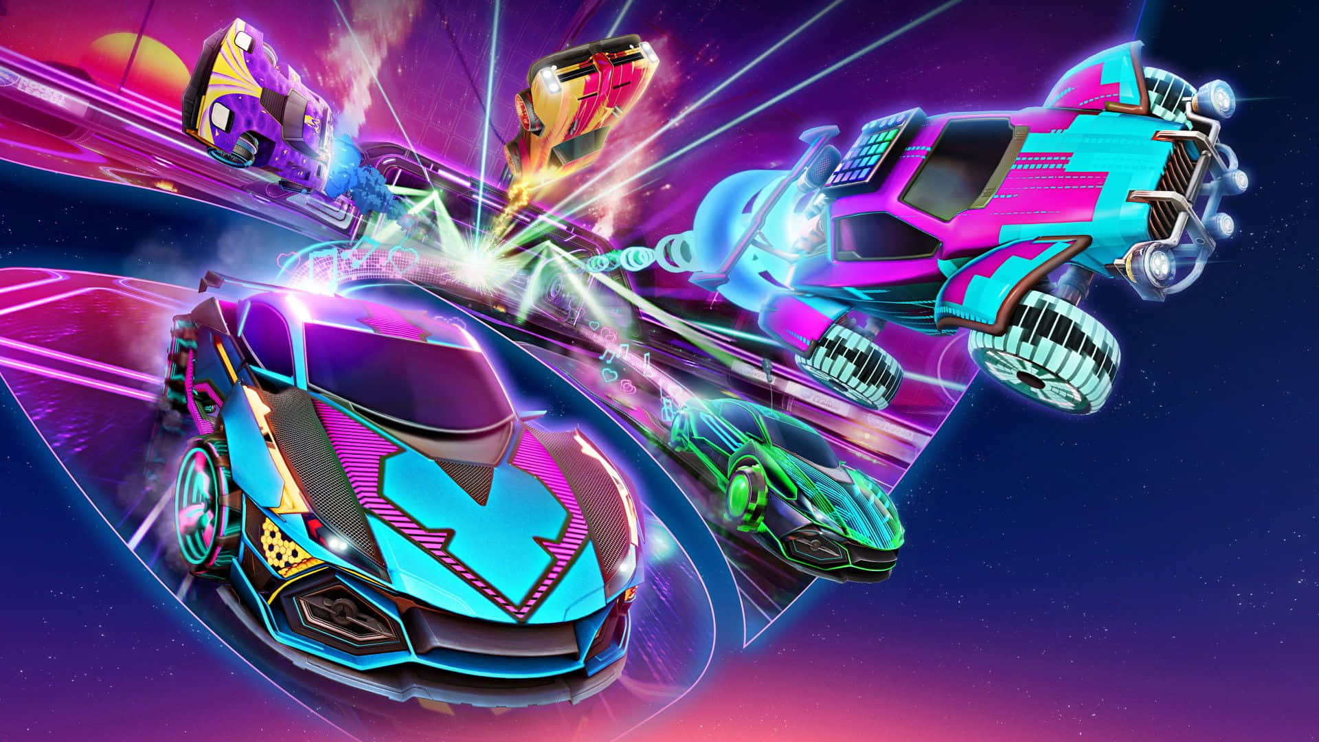 Rocket League, neon rocket cars, cosmic tunnel, Full HD Desktop Wallpaper