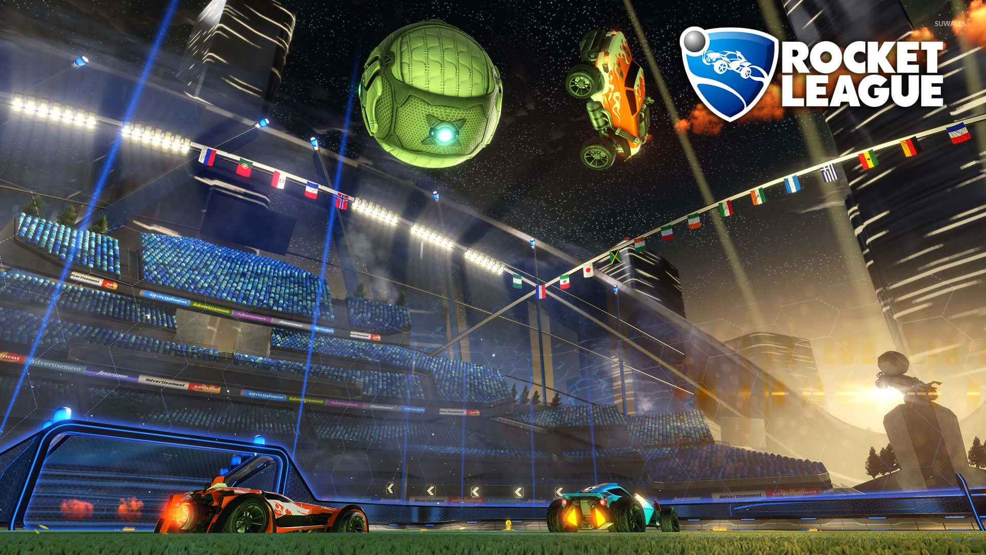 Rocket League, stadium, glowing cars, Full HD Desktop Wallpaper