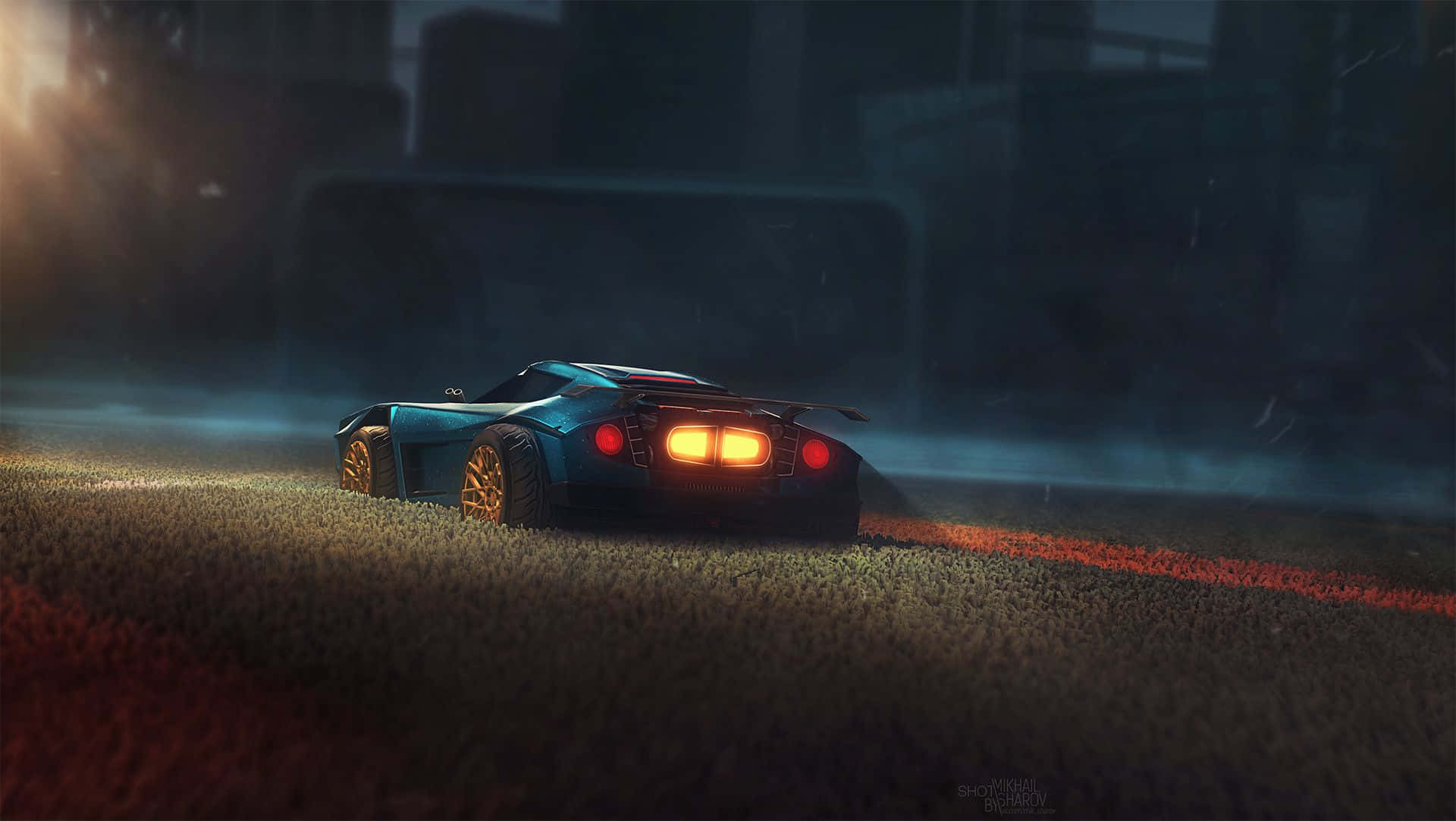 Rocket League, sleek blue sports car, glowing orange taillights, Full HD Desktop Wallpaper