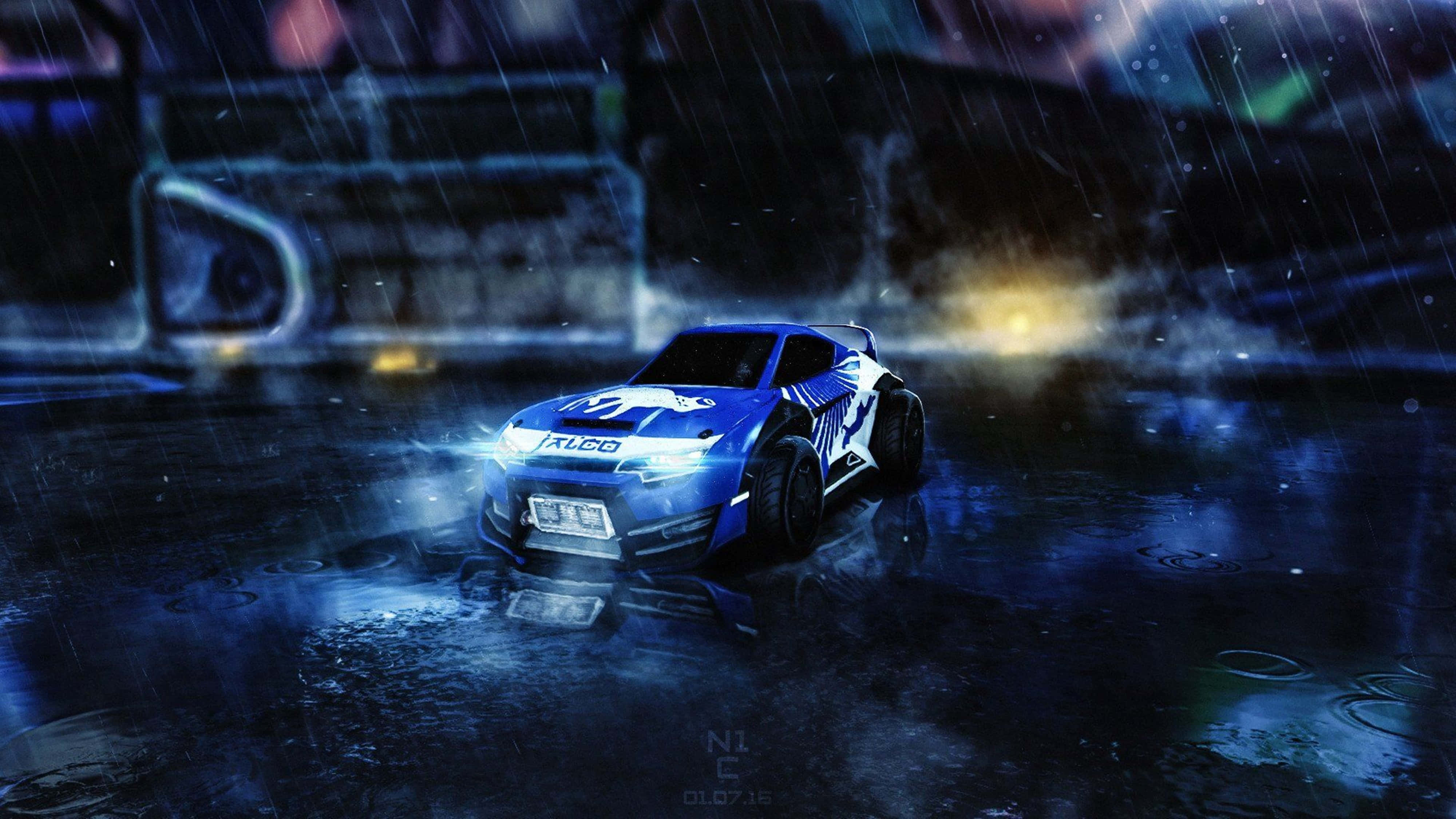Rocket League, blue rally car, glowing headlights, 4K Desktop Wallpaper