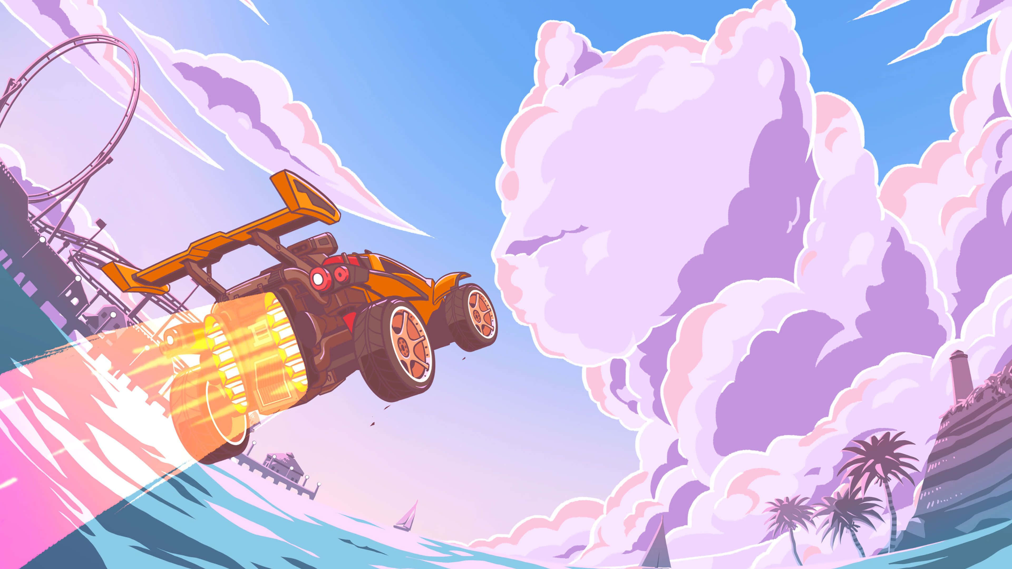 Rocket League, fiery orange race car, pink clouds, 4K Desktop Wallpaper