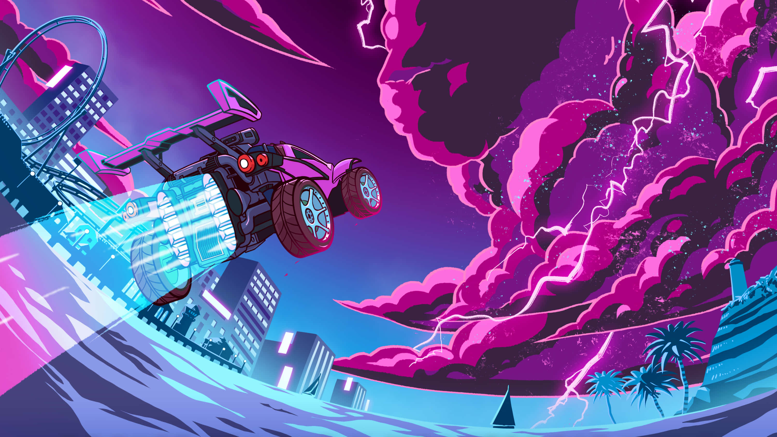 Rocket League, glowing blue thrusters, neon-lit cityscape, 2K Desktop Wallpaper