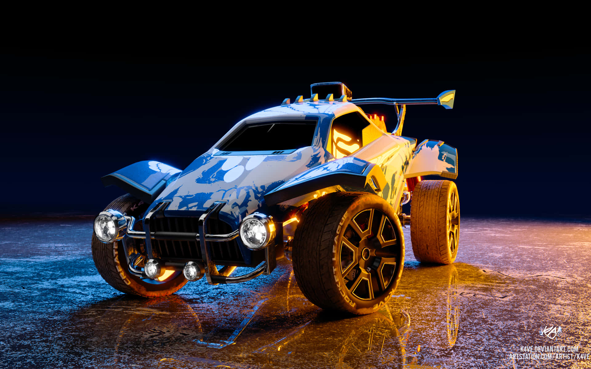 Rocket League, futuristic blue and white off-road vehicle, glowing orange lights, Full HD Desktop Wallpaper