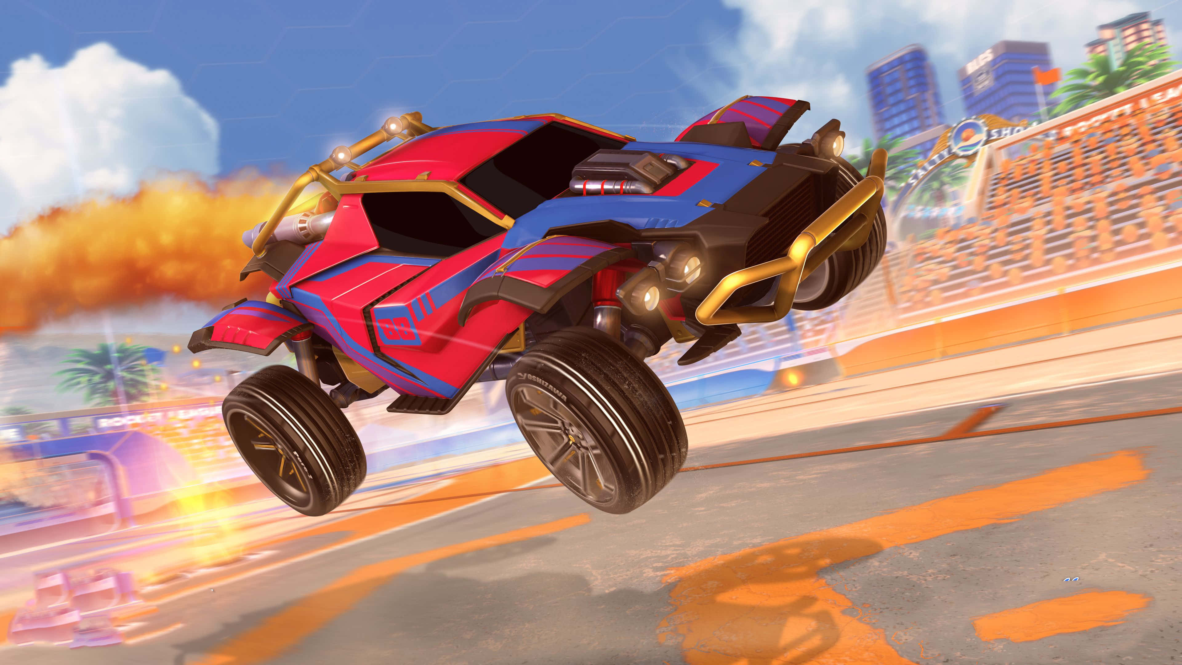 Rocket League, red and blue rocket-powered car, racetrack, 4K Desktop Wallpaper