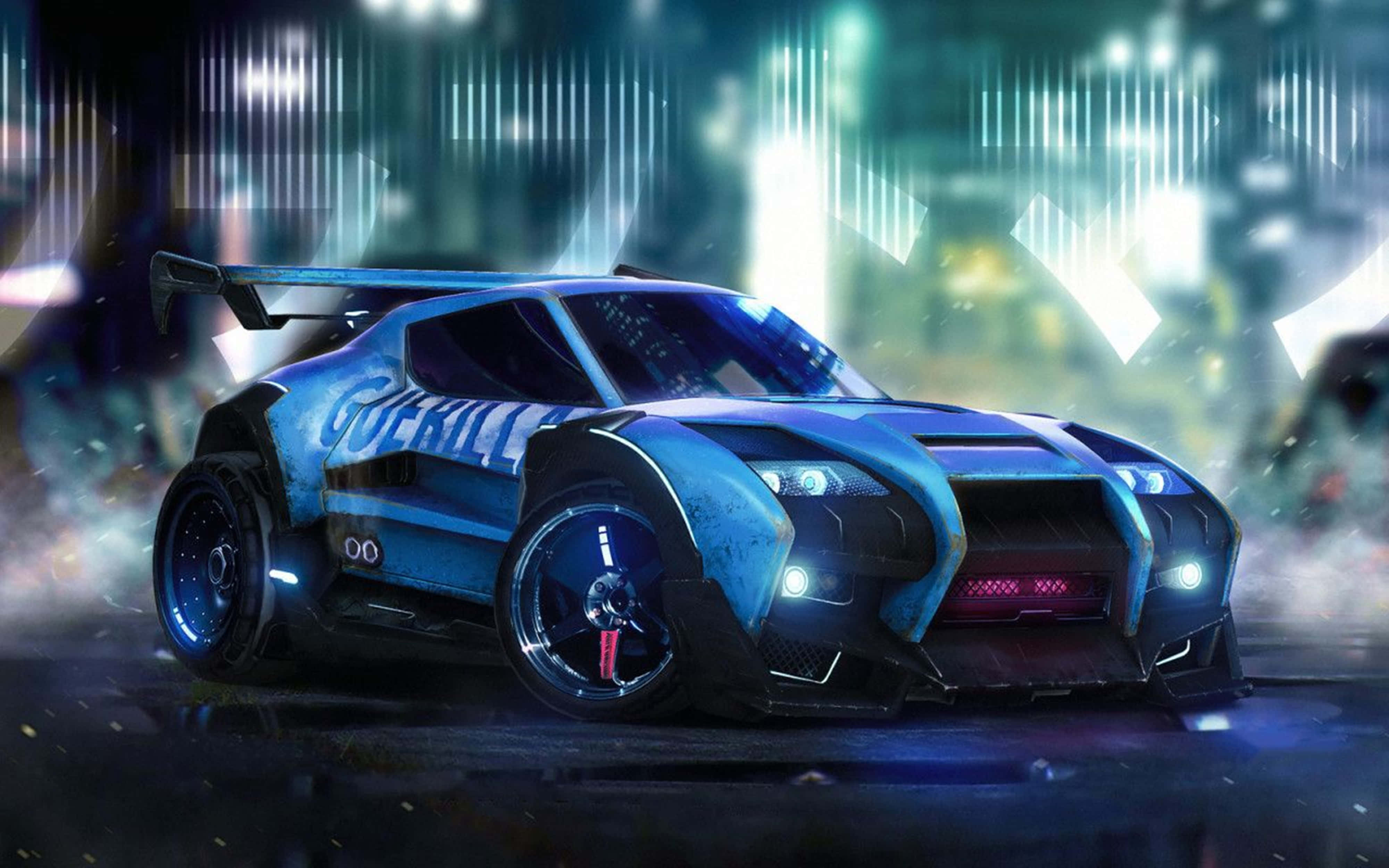 Rocket League, futuristic blue race car, glowing lights, 4K Desktop Wallpaper