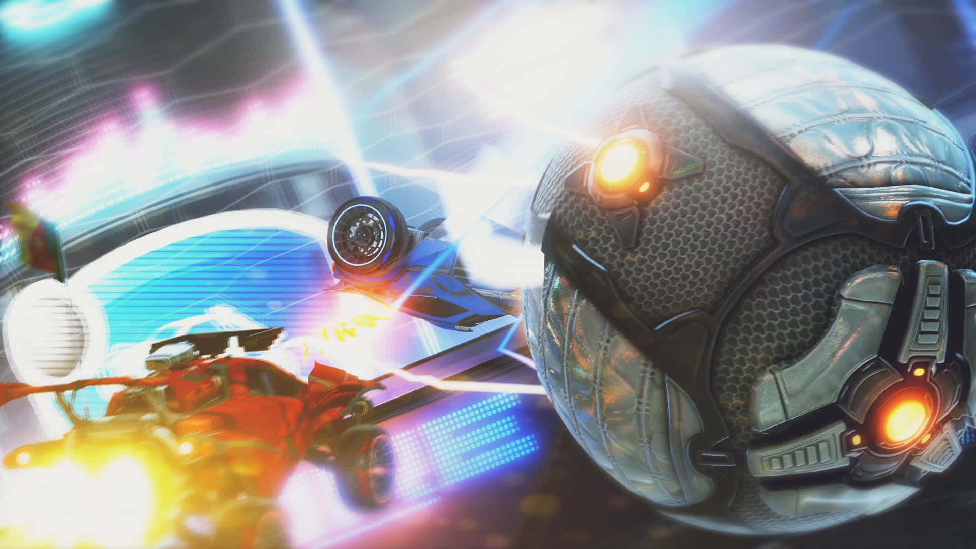Rocket League, neon-lit arena, glowing energy trails, Full HD Desktop Wallpaper