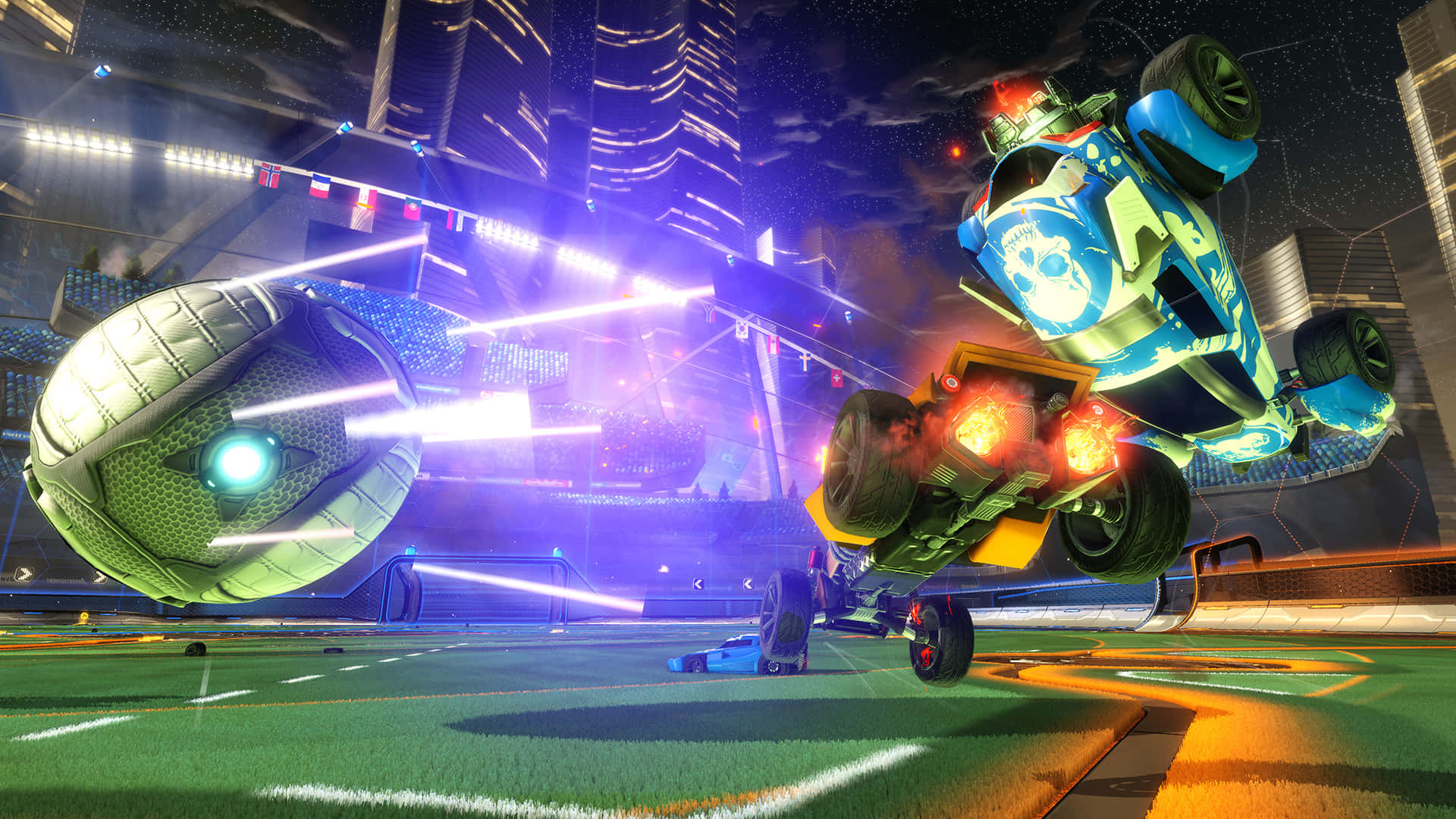 Rocket League, futuristic blue race car, neon-lit stadium field, Full HD Desktop Wallpaper