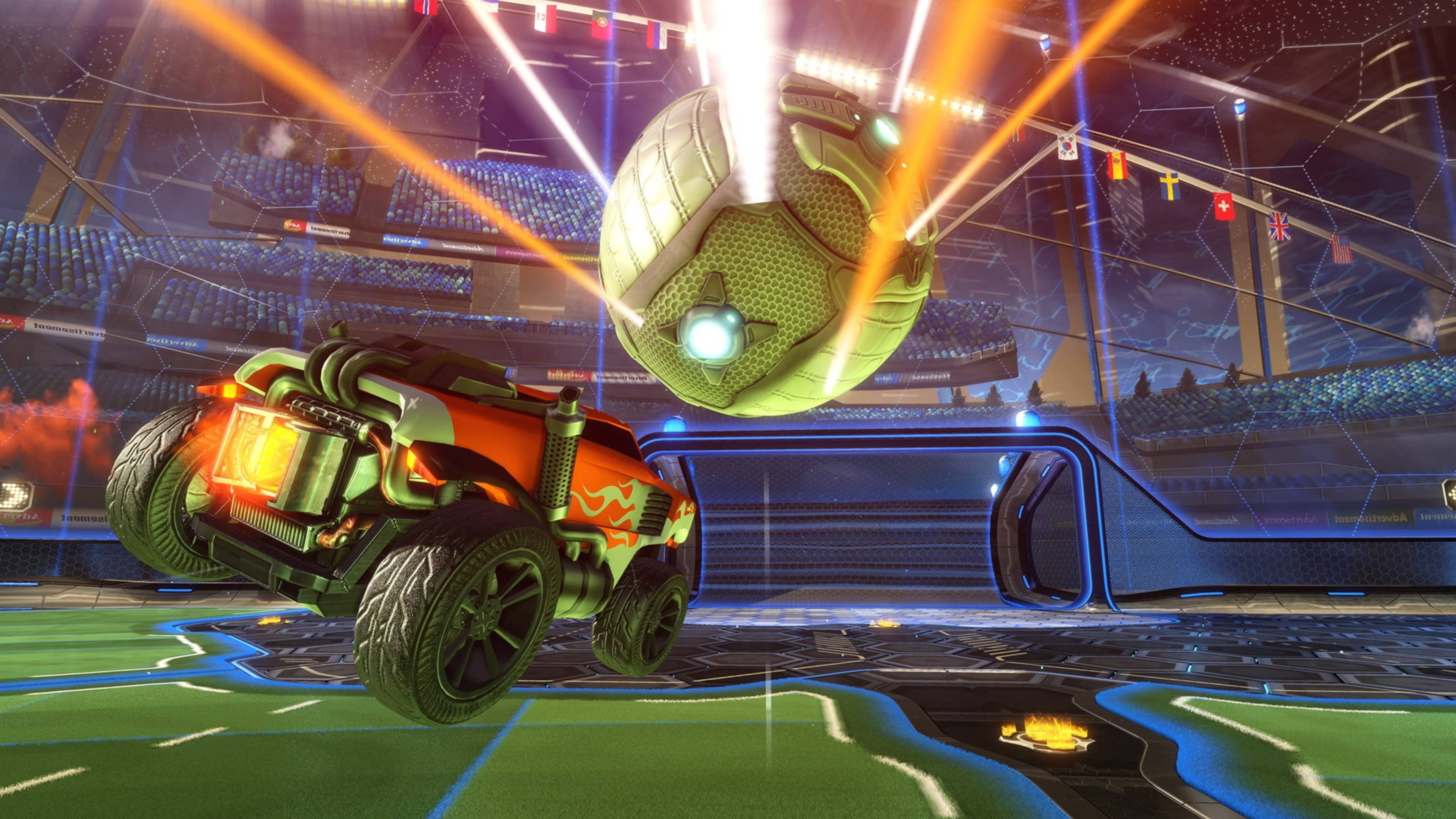 Rocket League, HD Glowing Ball, orange car, 4K Desktop Wallpaper