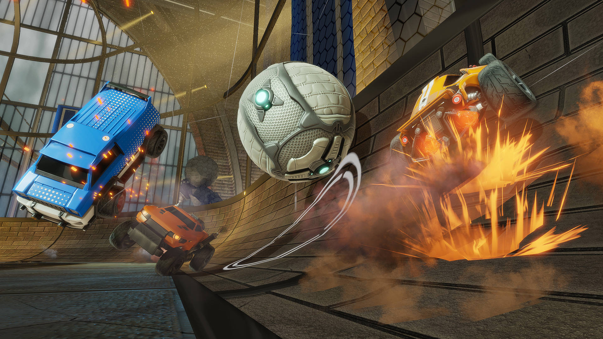 Rocket League, blue and yellow monster truck, glowing soccer ball, Full HD Desktop Wallpaper