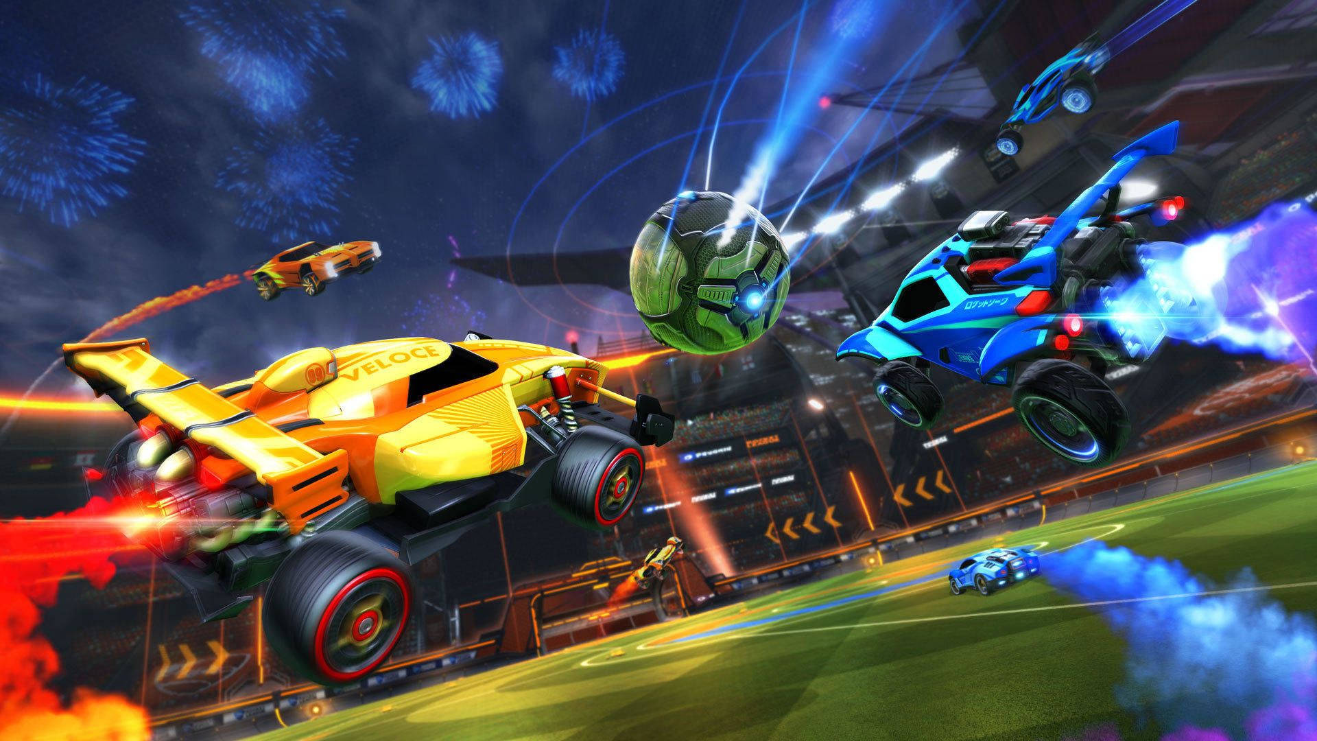 Rocket League, neon-lit stadium, fireworks, Full HD Desktop Wallpaper