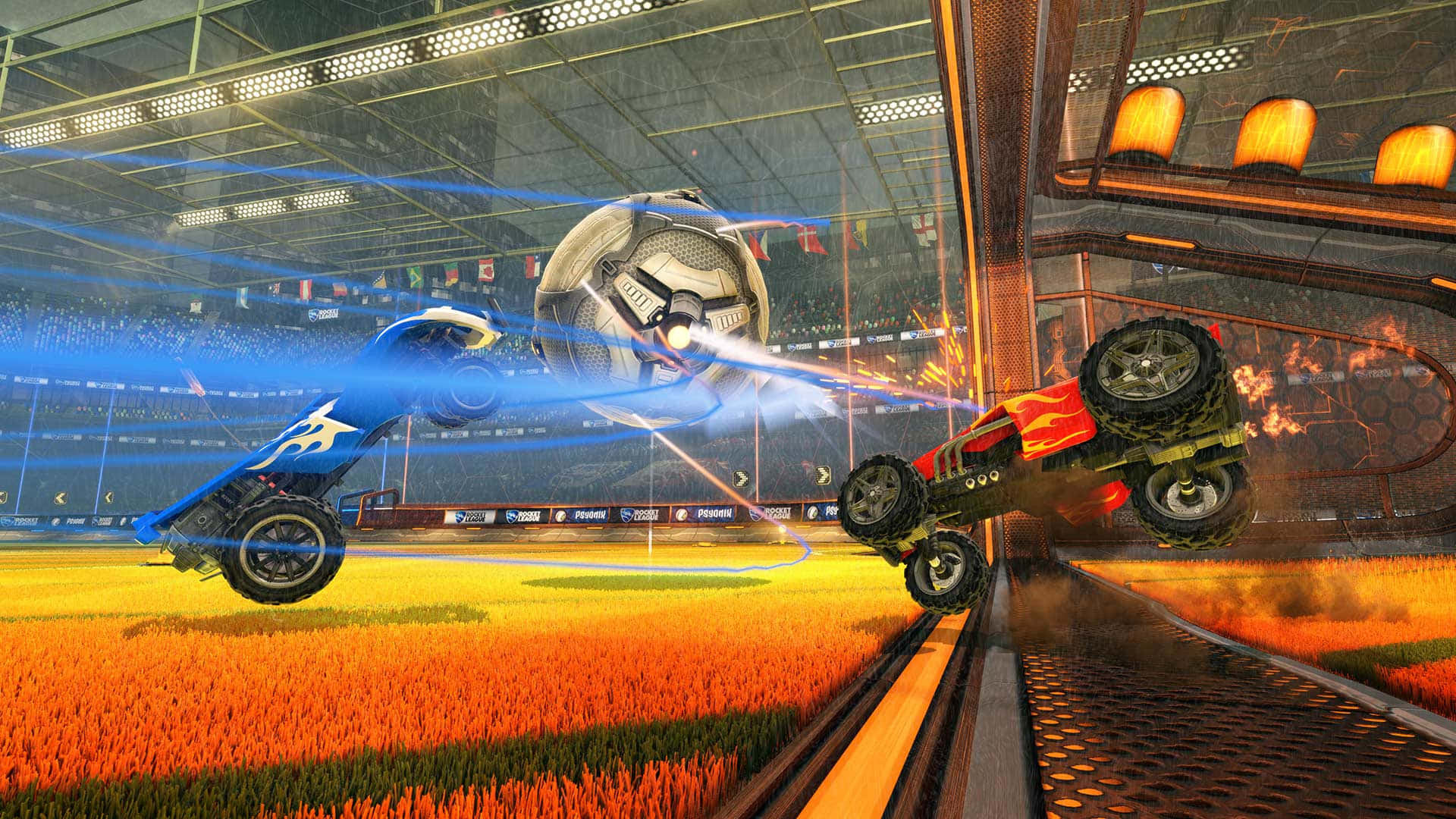 Rocket League, rocket-powered monster trucks, stadium, Full HD Desktop Wallpaper