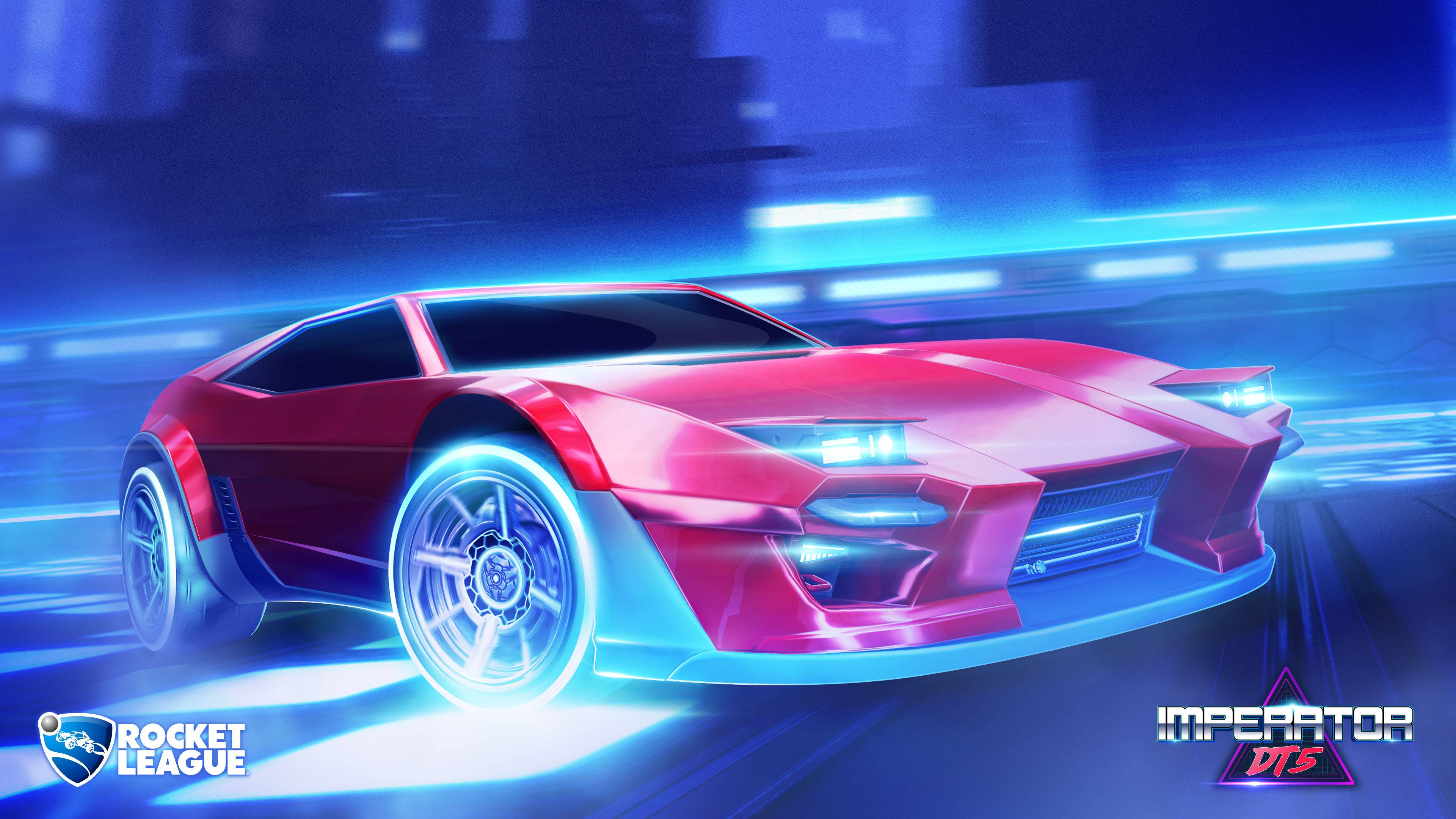 Rocket League, glowing red futuristic sports car, neon-lit urban night, 4K Desktop Wallpaper
