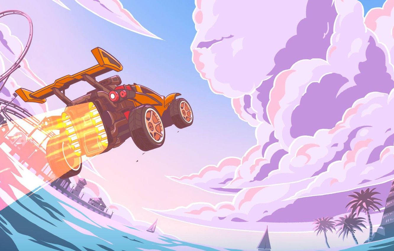 Rocket League, fiery orange futuristic race car, pastel purple clouds, HD Desktop Wallpaper