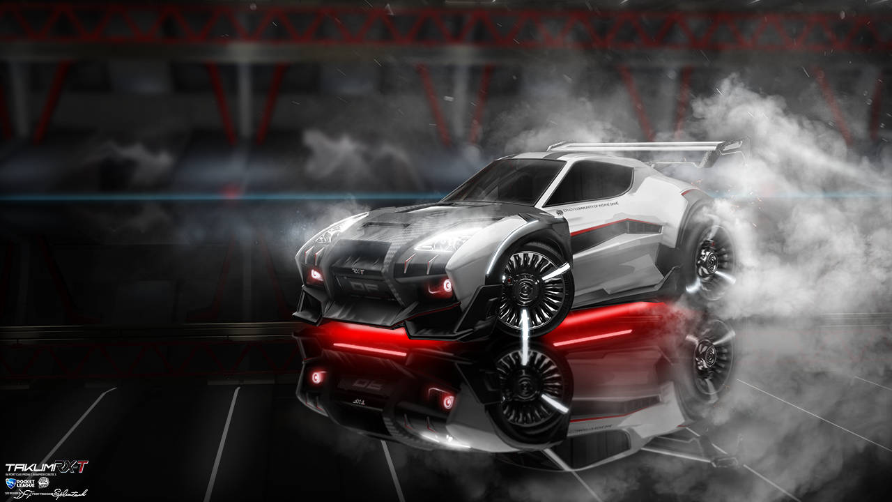 Rocket League, sleek white and red race car, smoky garage, HD Desktop Wallpaper
