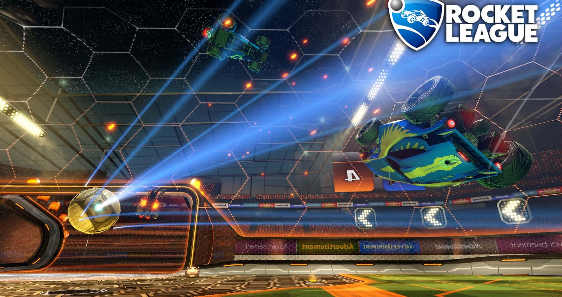 Rocket League, neon-lit arena, glowing ball, Full HD Desktop Wallpaper