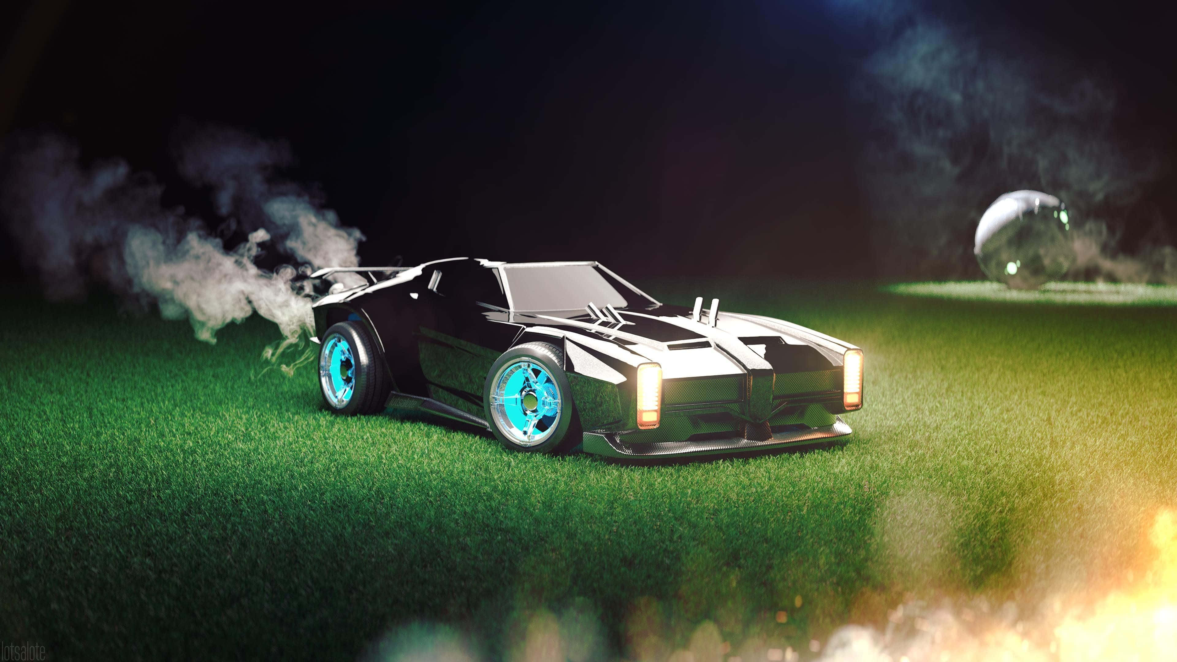 Rocket League Desktop, futuristic sports car, glowing blue wheels, 4K Desktop Wallpaper
