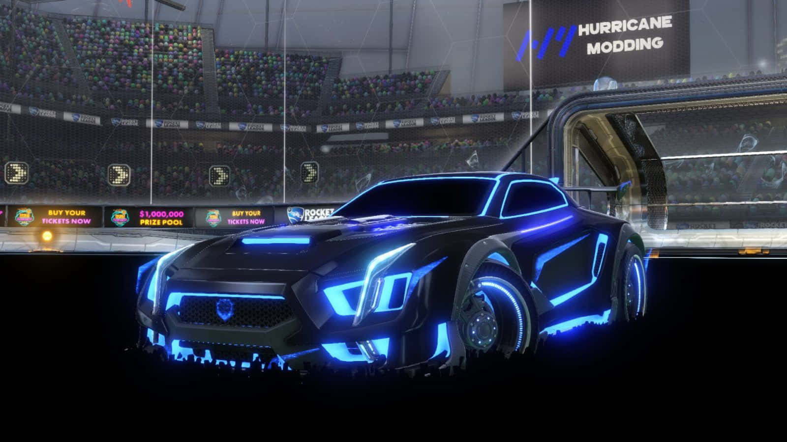 Rocket League Desktop, futuristic black race car, glowing blue neon accents, HD Desktop Wallpaper