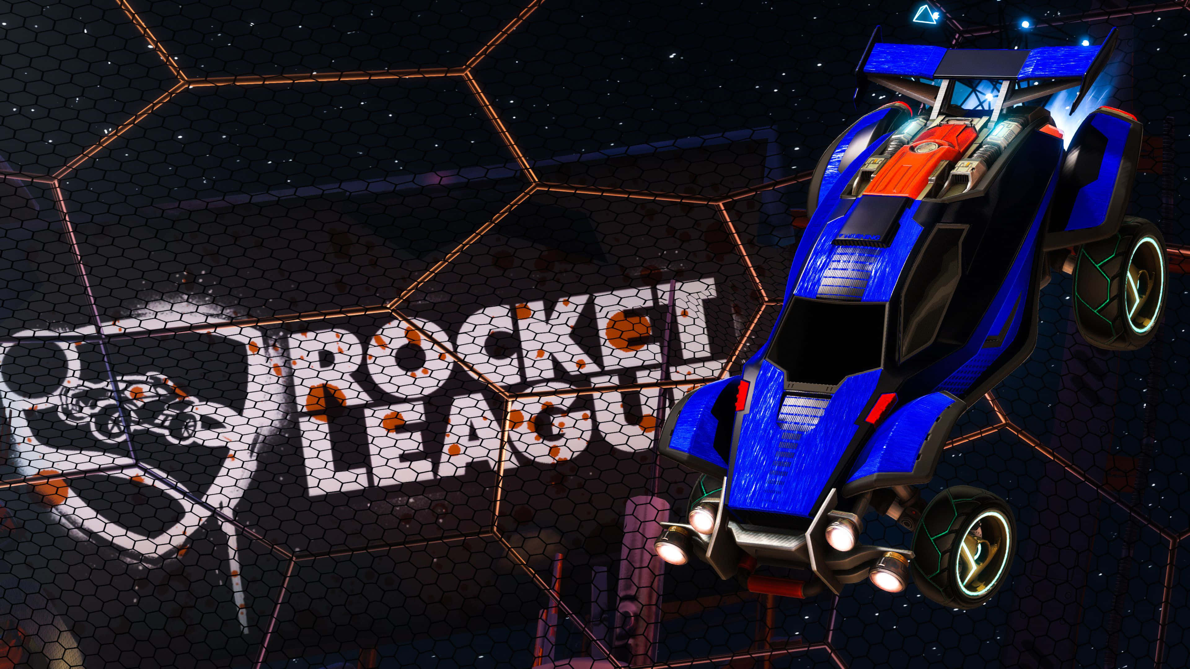 Rocket League, blue and orange Rocket League car, hexagonal grid backdrop, 4K Desktop Wallpaper