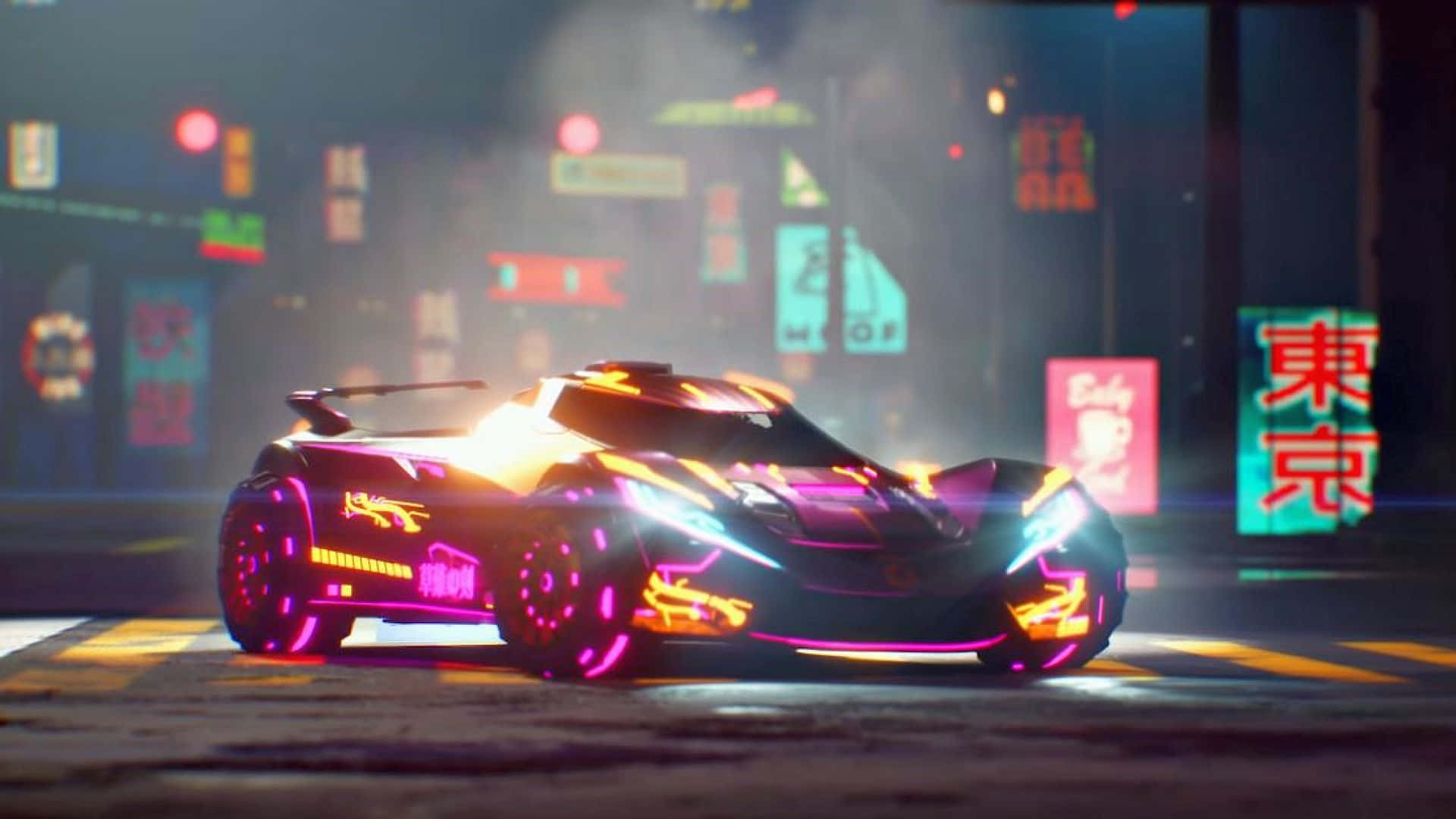 Rocket League, neon sports car, cyberpunk city street, Full HD Desktop Wallpaper