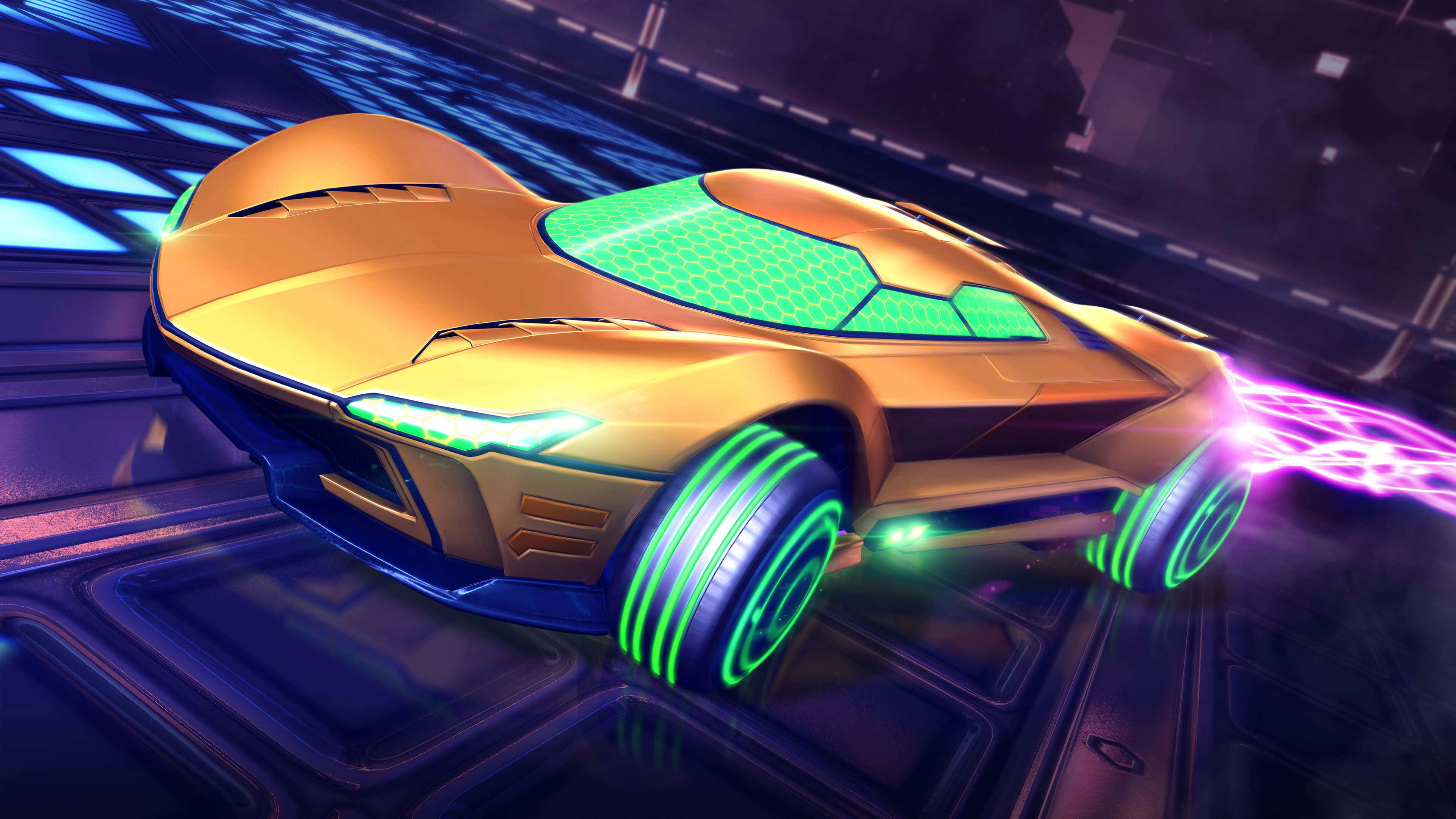 Rocket League, futuristic race car, glowing green wheels, 4K Desktop Wallpaper